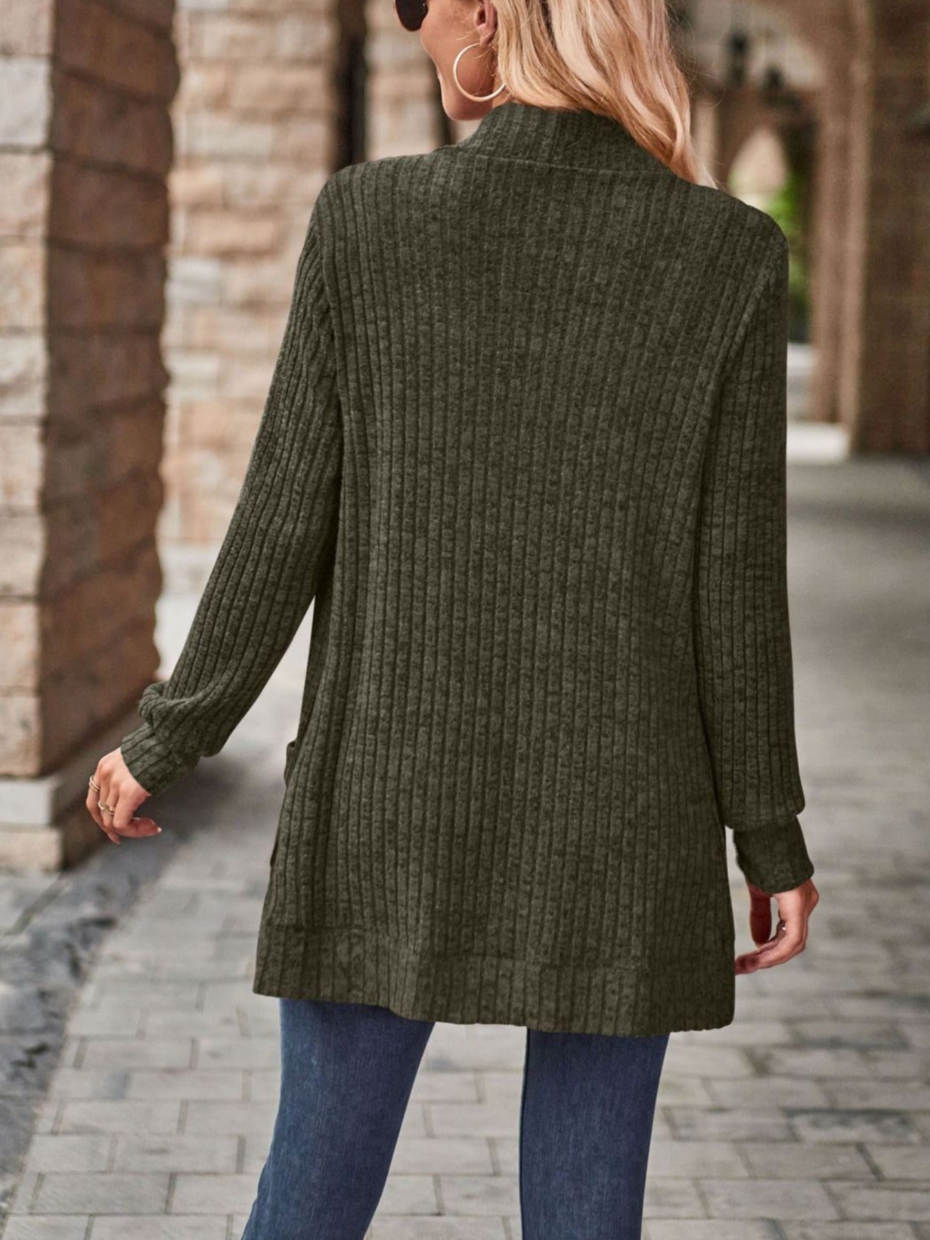 Loose Fit Long Sleeve Open Collar Casual Blouse with Side Pockets