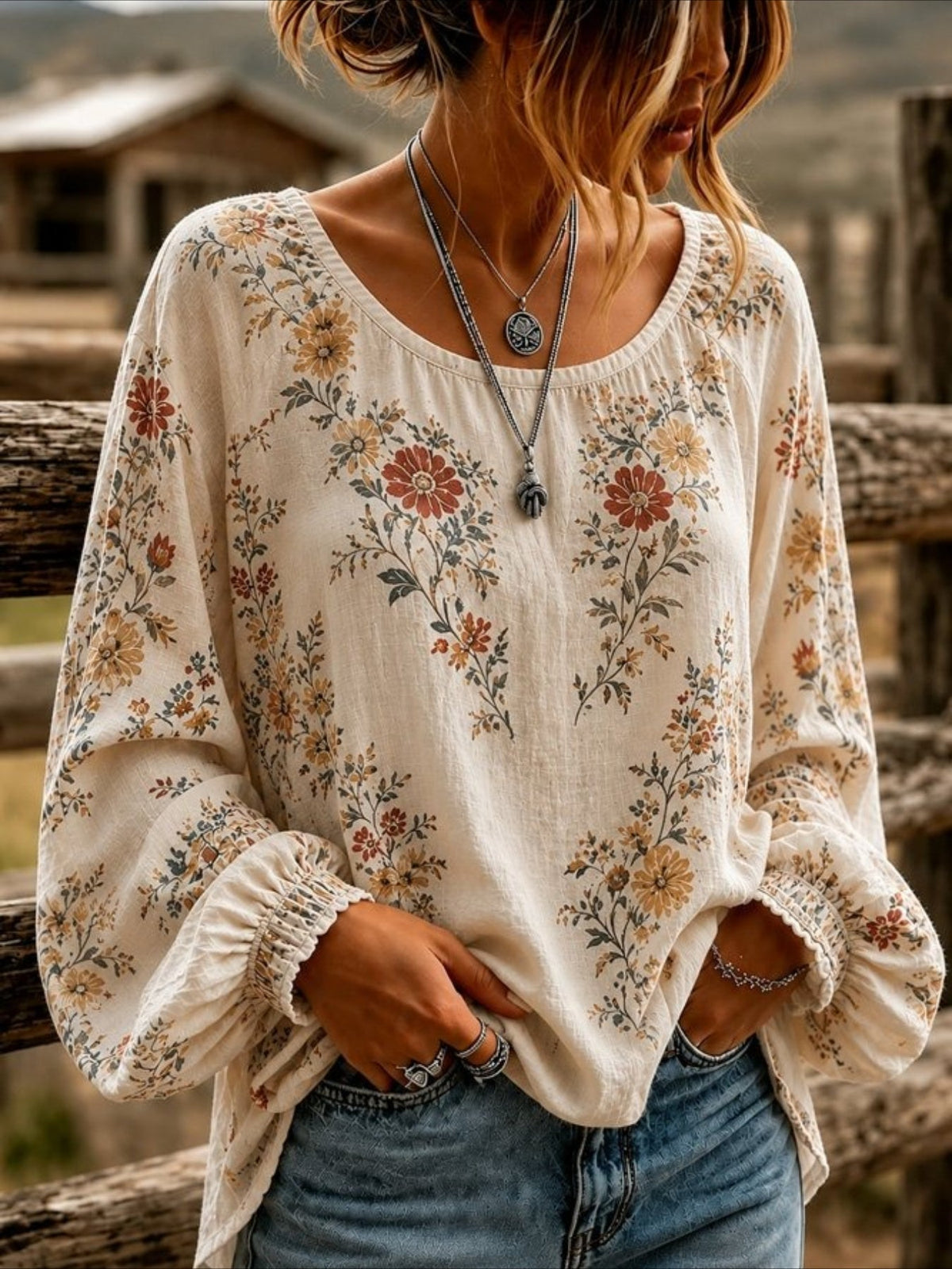 Floral Crew Neck Long Sleeve Blouse