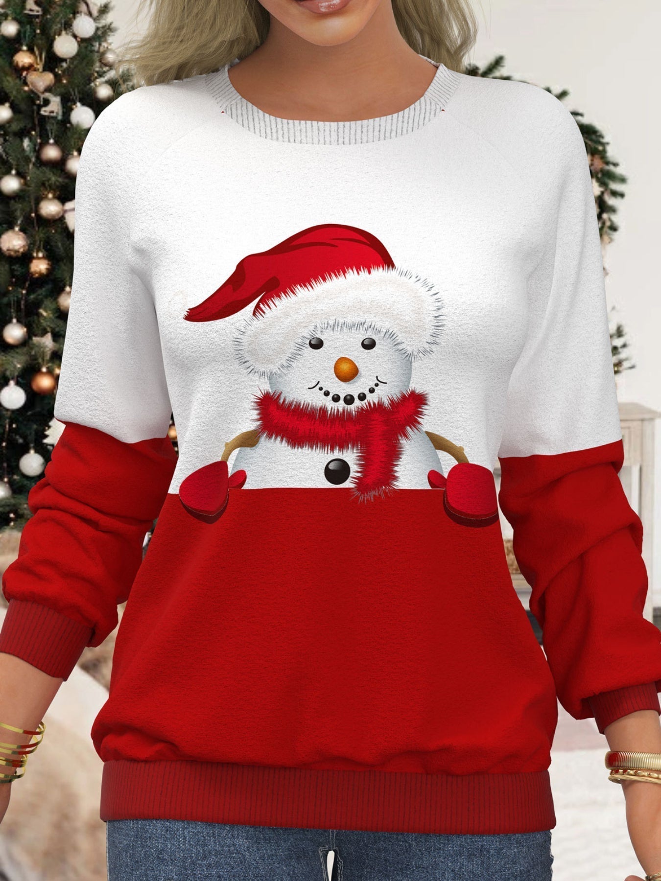 Snowman & Snowflake Print Sweatshirt, Casual Long Sleeve Crew Neck Sweatshirt