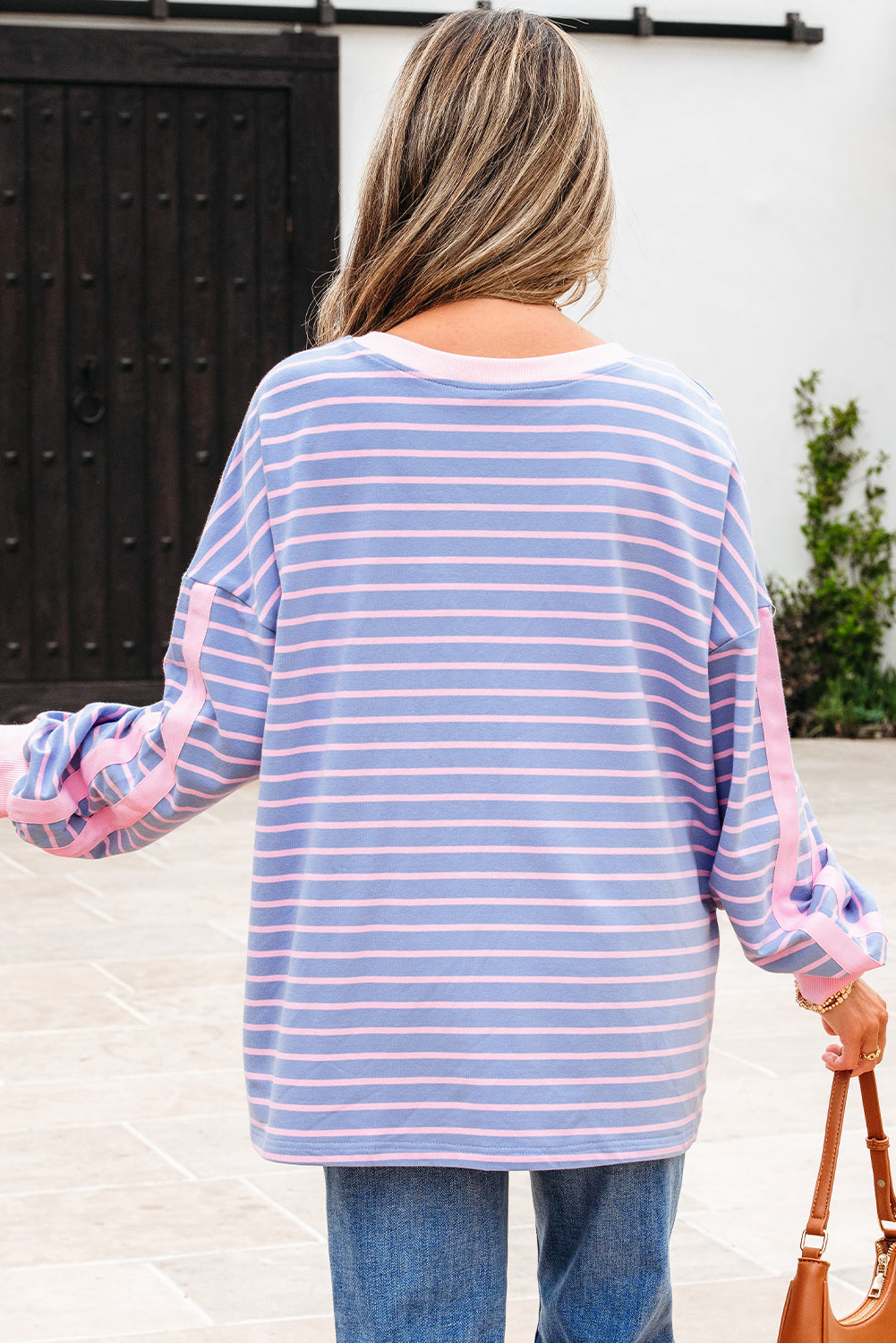 Sky Blue Stripe Oversize Contrast Trim Drop Shoulder Casual Top