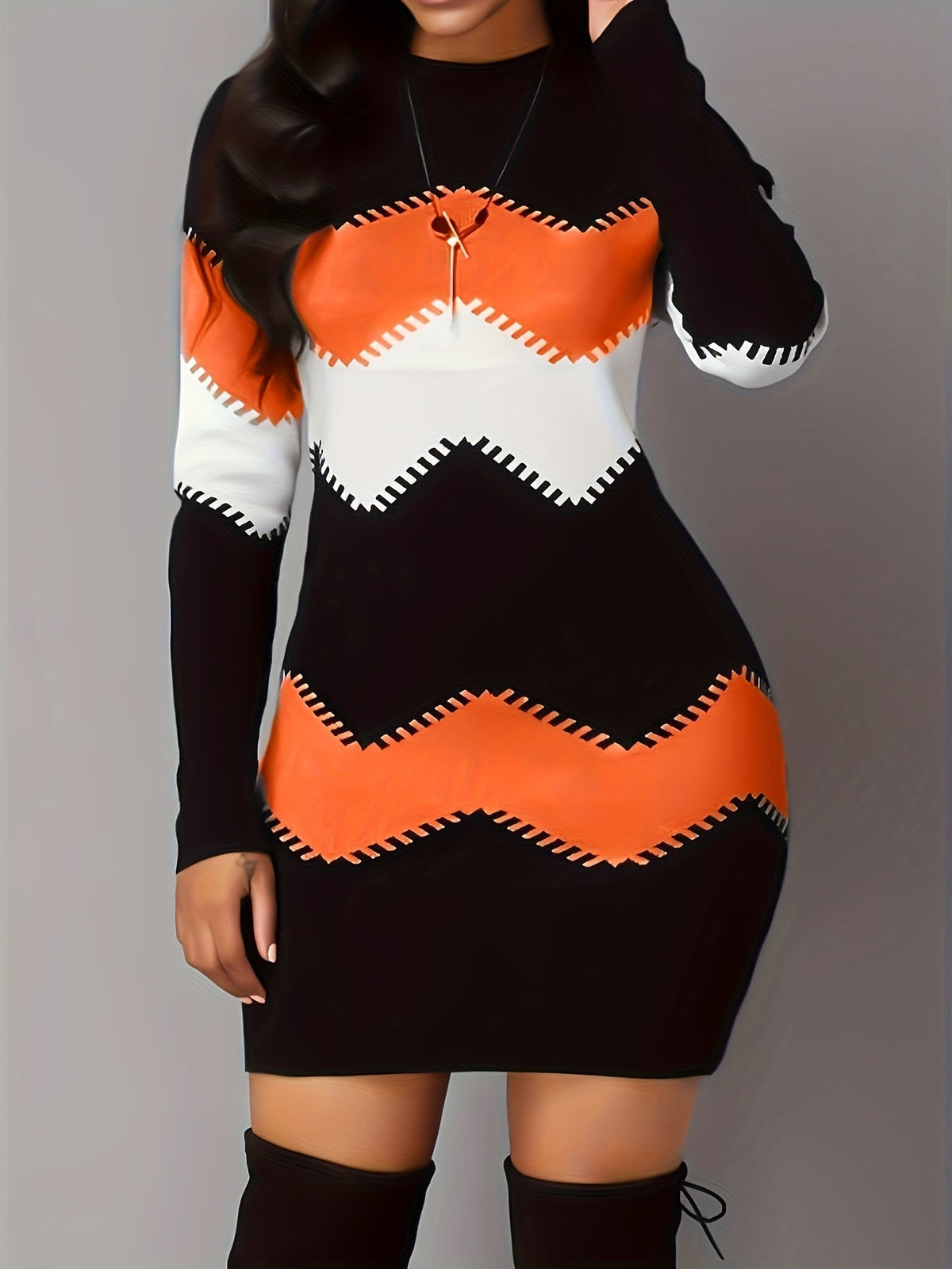 Casual Dress, Women's Colorblock Stripe Print Long Sleeve Round Neck Dress