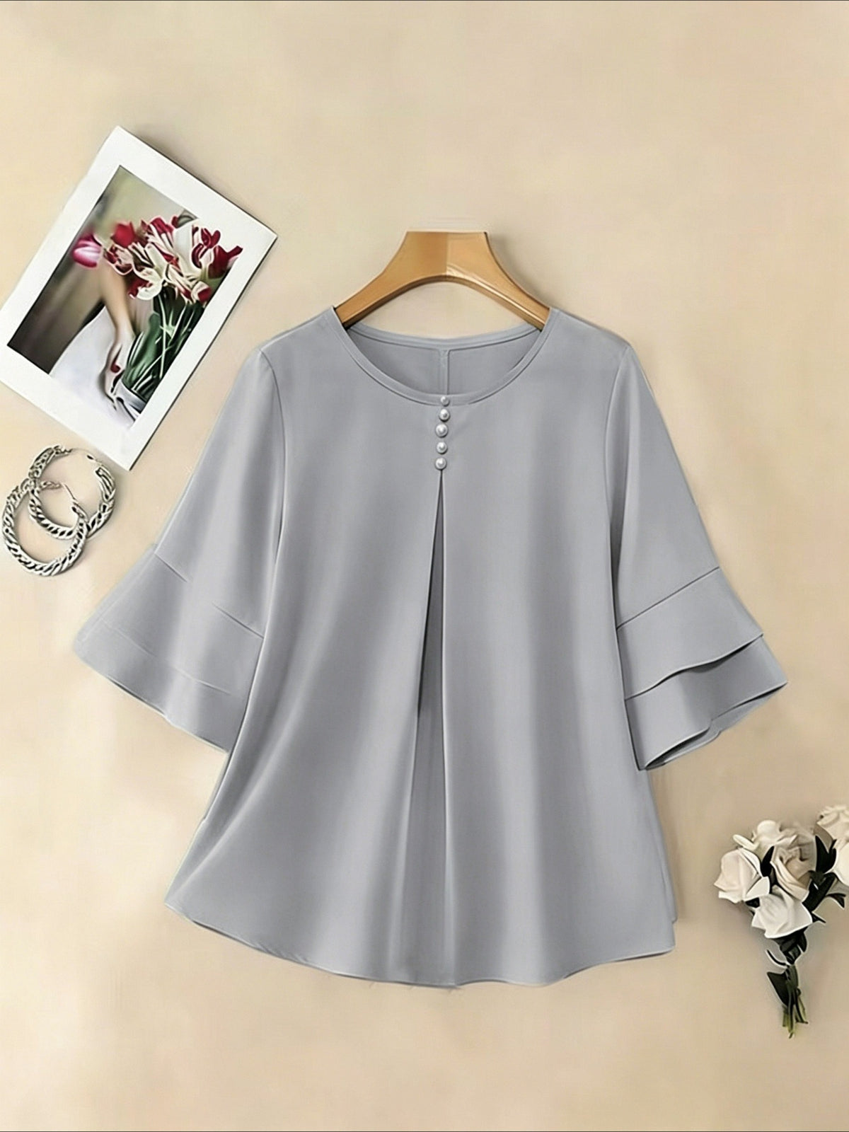 Elegant Fashion Summer Loose Solid Round Neck Button-Up Shirt Flared Sleeve Ruffle Top