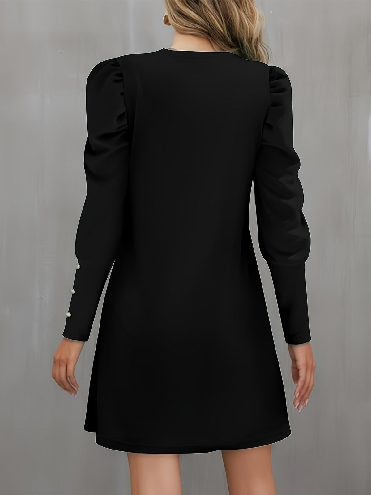 Solid Crew Neck Dress, Elegant Puff Sleeve Button Decor Dress