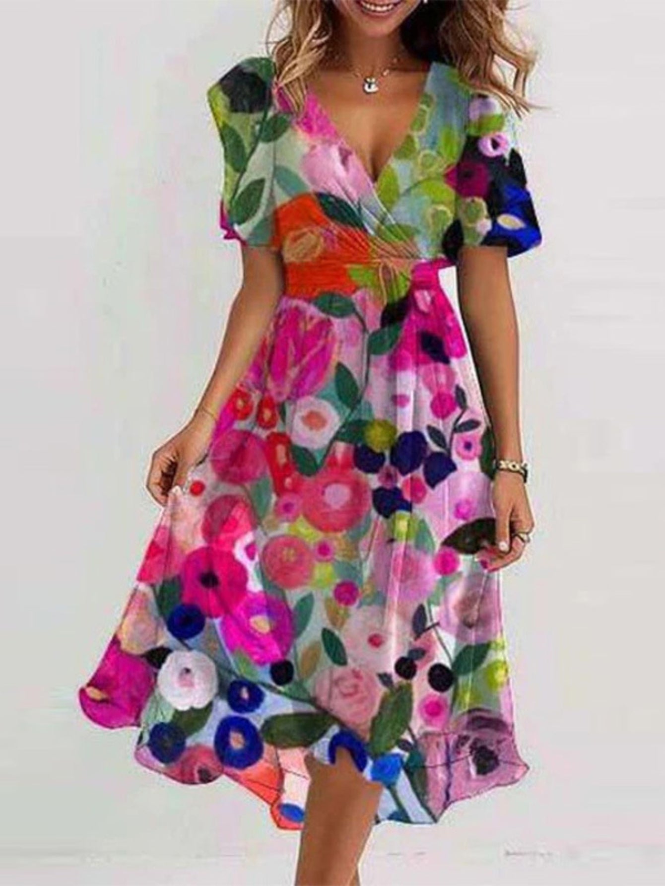 Short Sleeve V-Neck Floral Dress