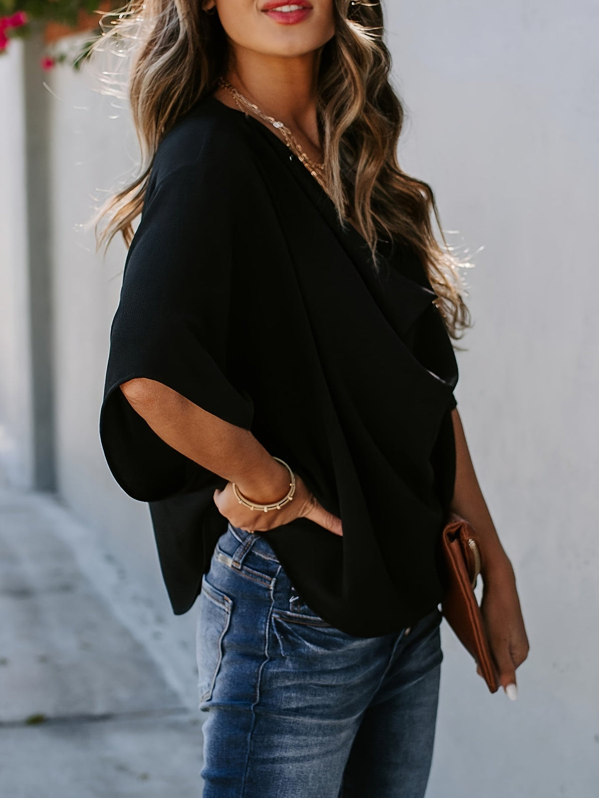 Women's Solid Cowl Neck Batwing Sleeve Blouse - Casual and Comfortable Fashion Top