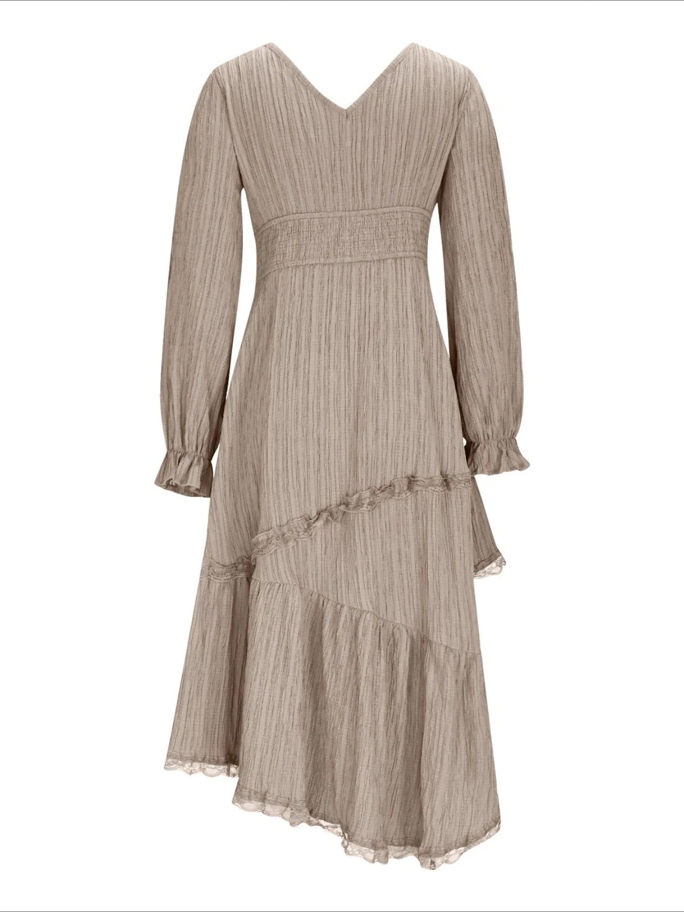 Solid Color Elegant Long Sleeve V-Neck Midi Dress