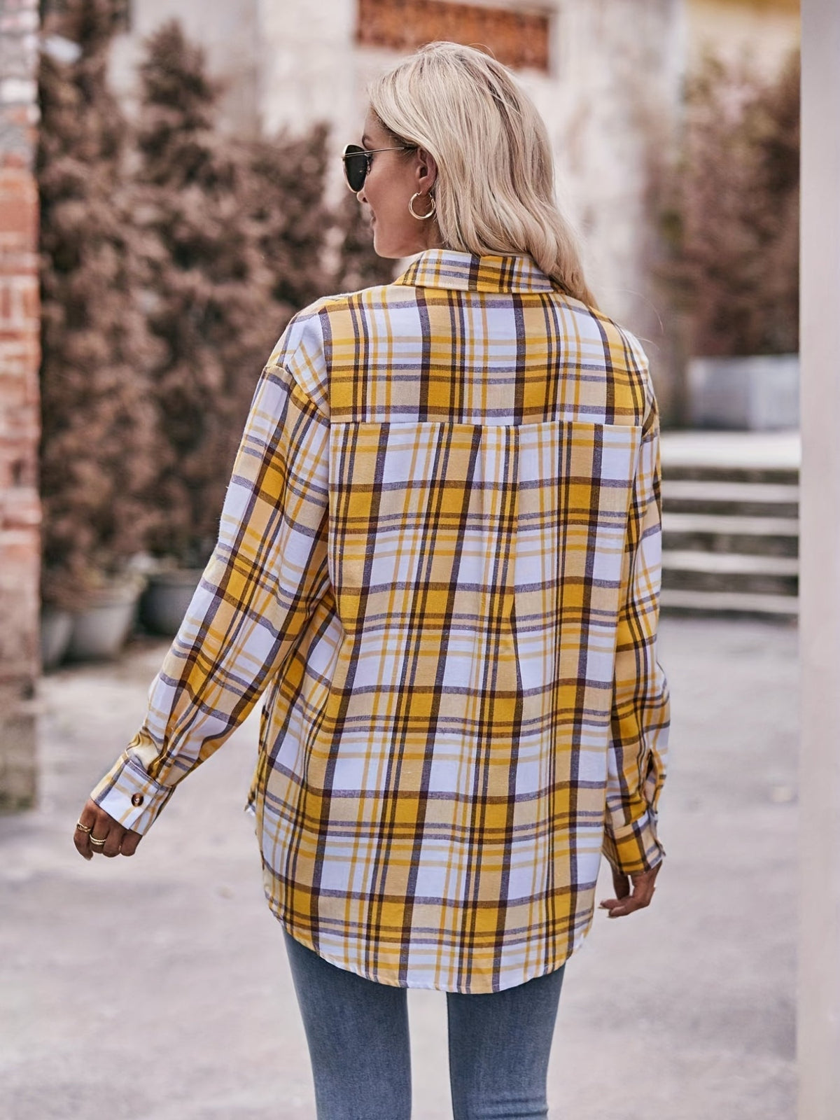 Plaid Print Polo Collar Button Shirt, Casual Long Sleeve Shirt