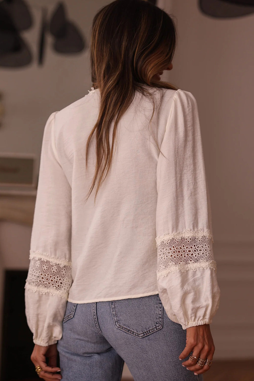 White Solid Color Floral Guipure Lace Patchwork Frilled Long Sleeve Blouse