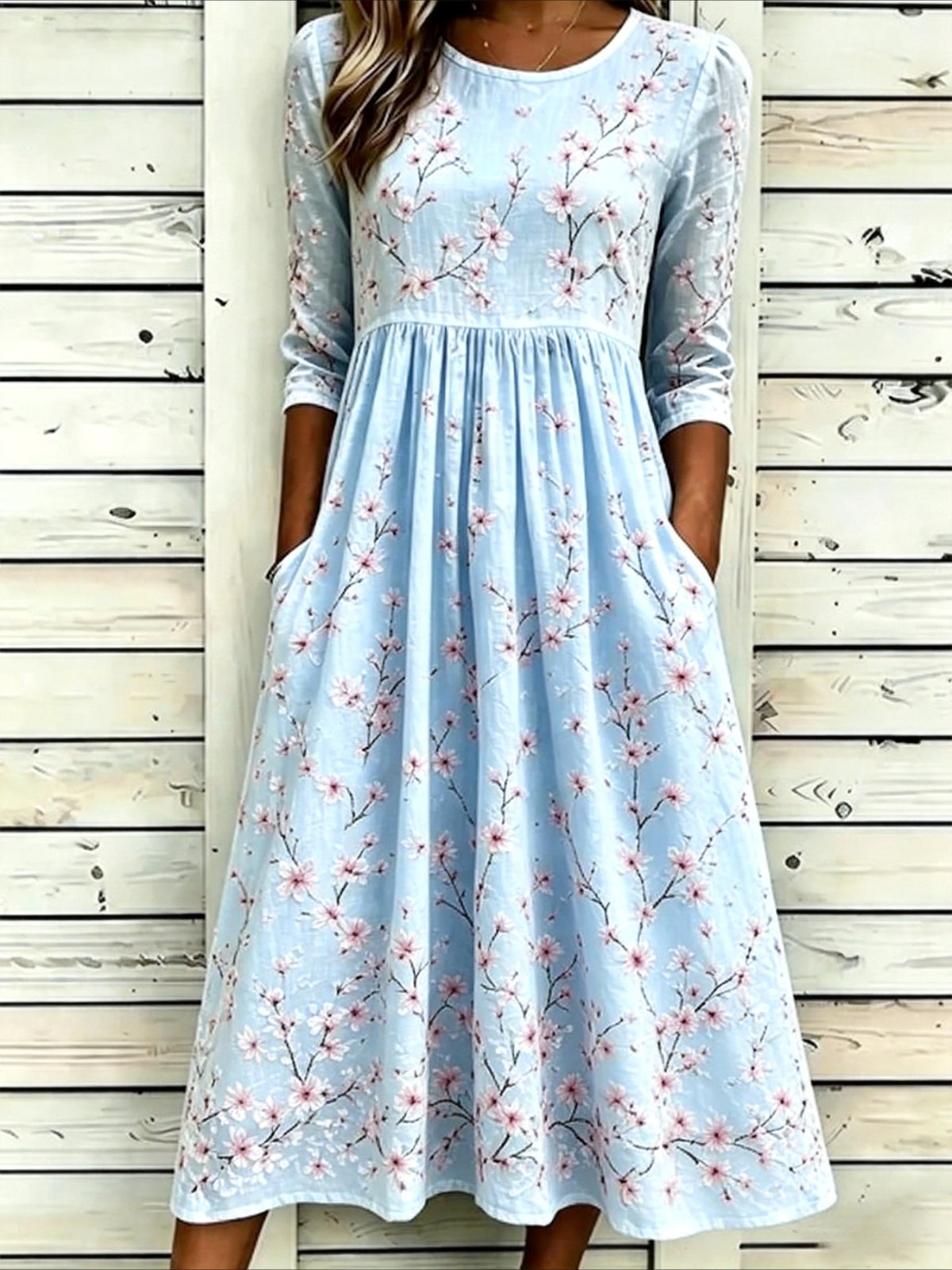 Flower Casual Round Neck Half Sleeve Mid Dress