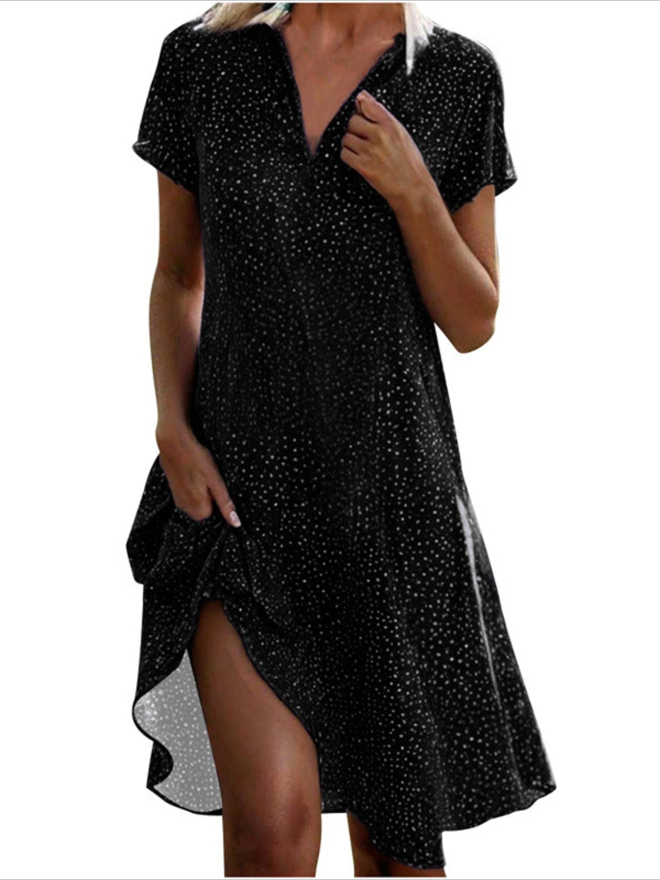 Polka Dot Print Collared Dress, Casual Short Sleeve Dress
