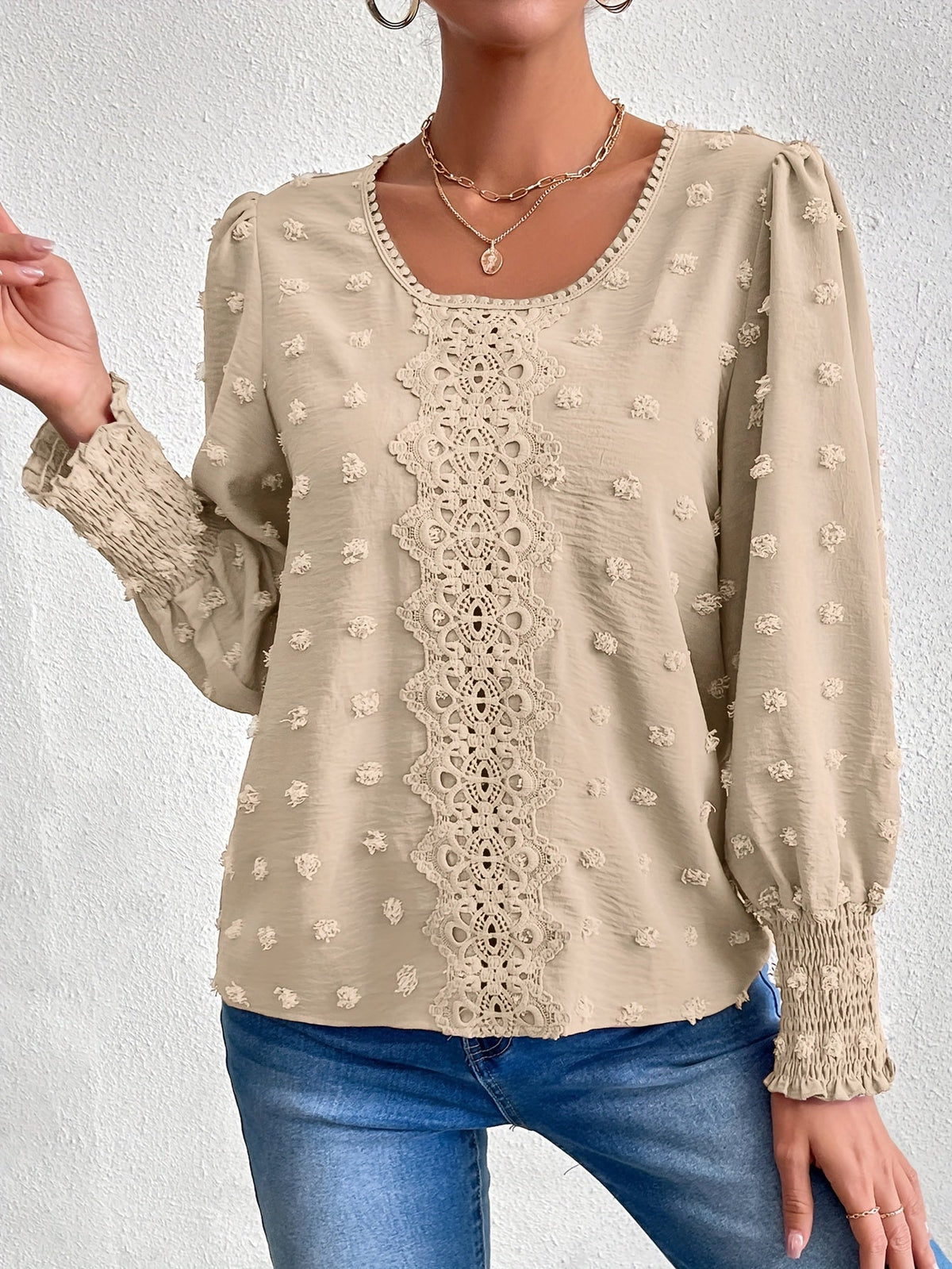 Swiss Dot Crew Neck Blouse, Elegant Long Sleeve Top