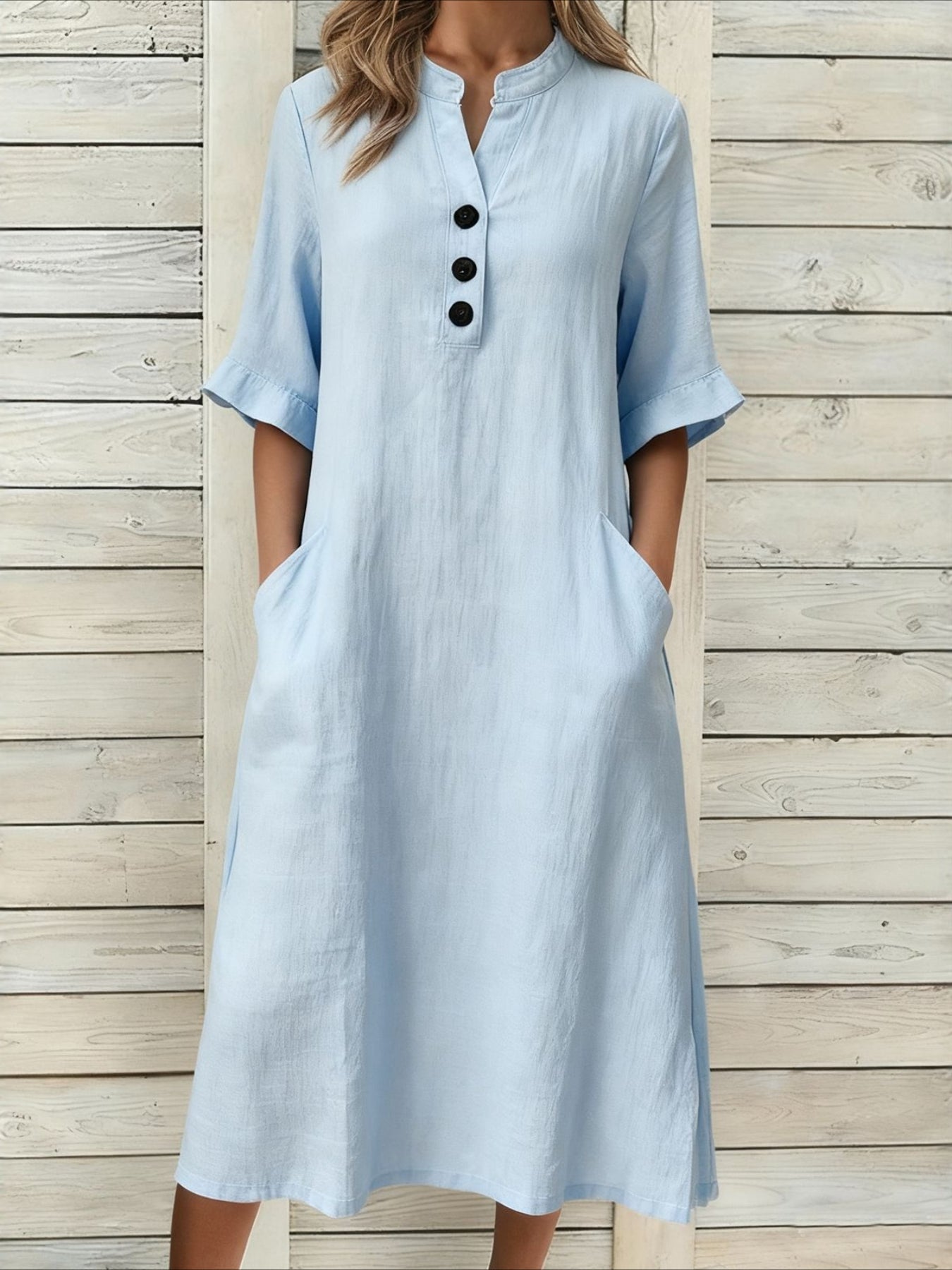Solid Color Textured Half Sleeve V Neck Elegant Button Sundress Loose Fit High Waisted A Line Flowy Pockets Midi Dress