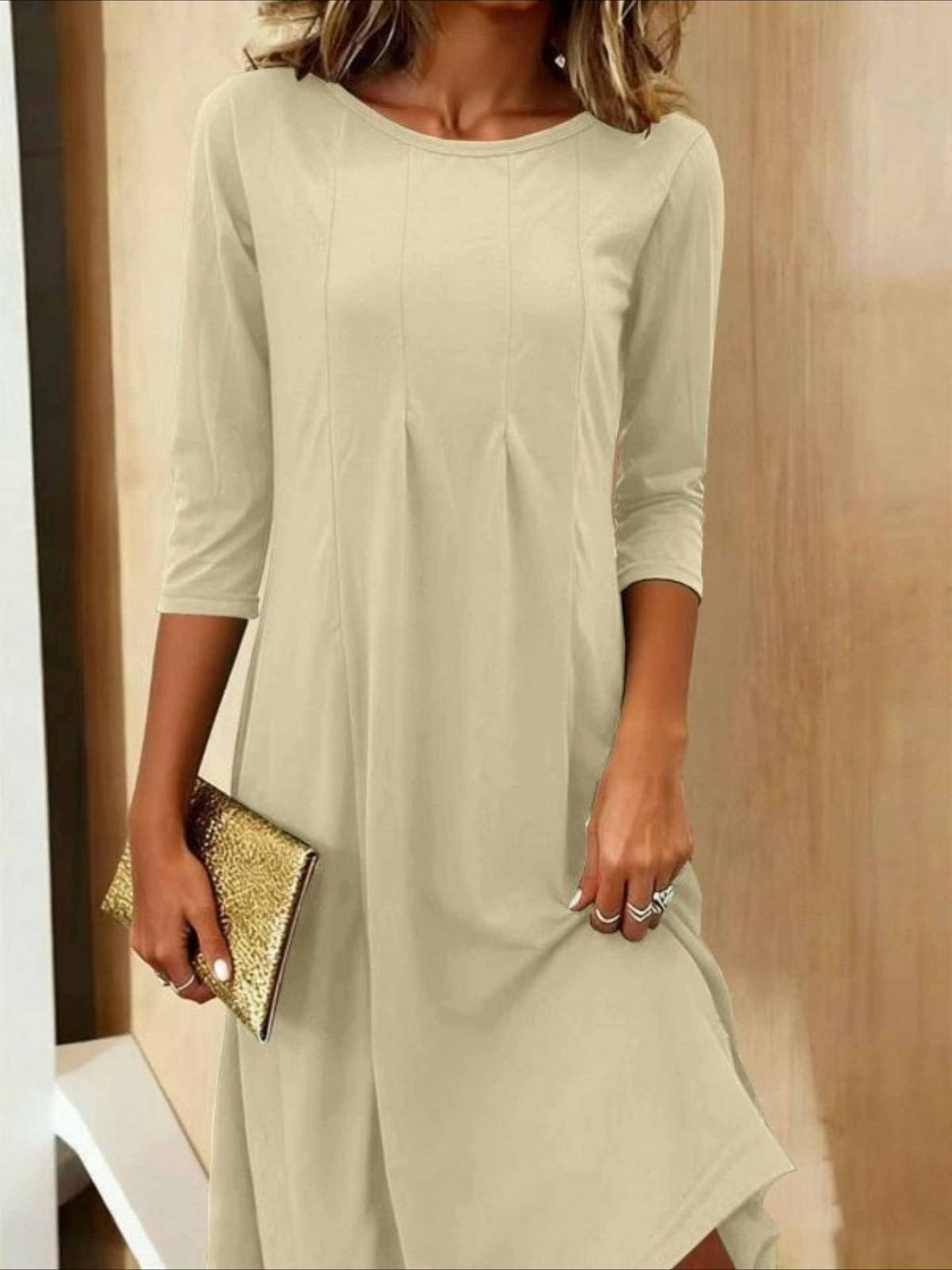 Plain Three Quarter Sleeve Spring/Fall Split Joint Crew Neck Daily Casual Midi Tunic A-Line Dress