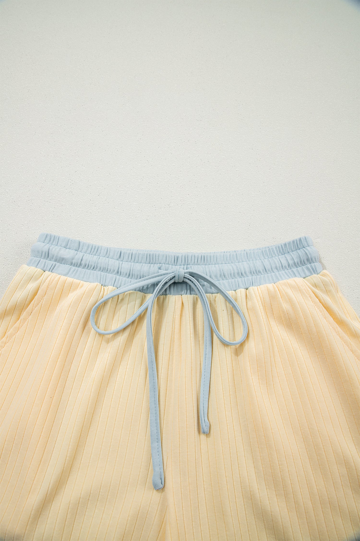 Yellow Cream Soft Ribbed Color Block Trim Casual Short Set