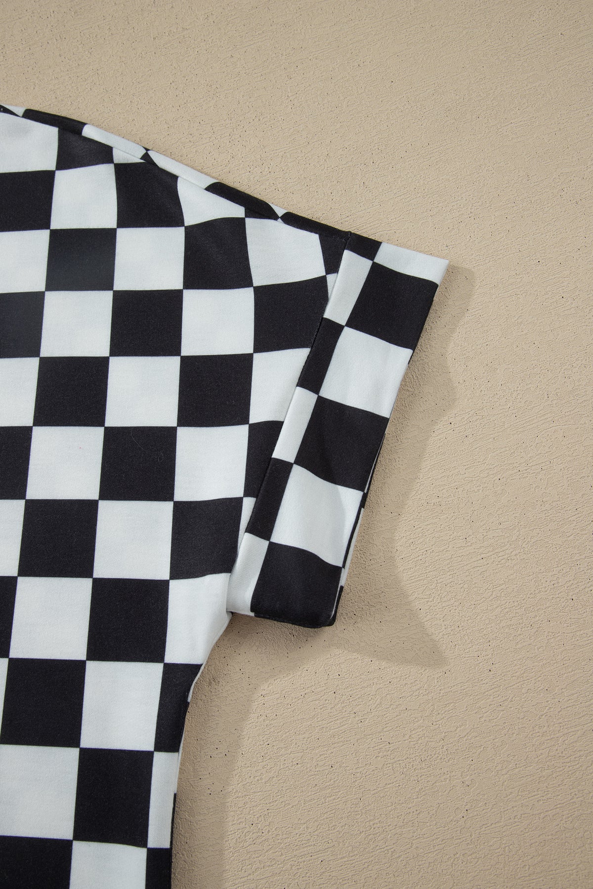 Black Checkered Print Color Block Trim Mock Neck Short Set