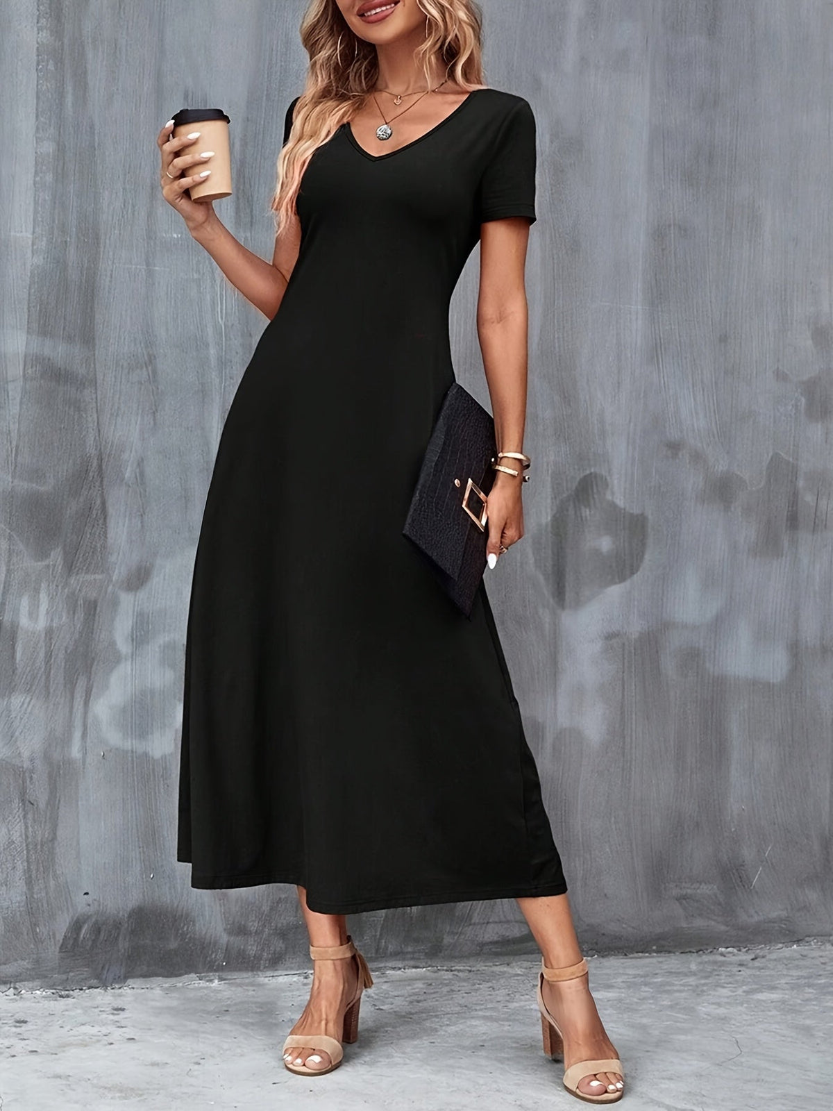 V-Neck A-Line Dress with Pockets - Elegant, Comfortable, Casual Polyester Blend