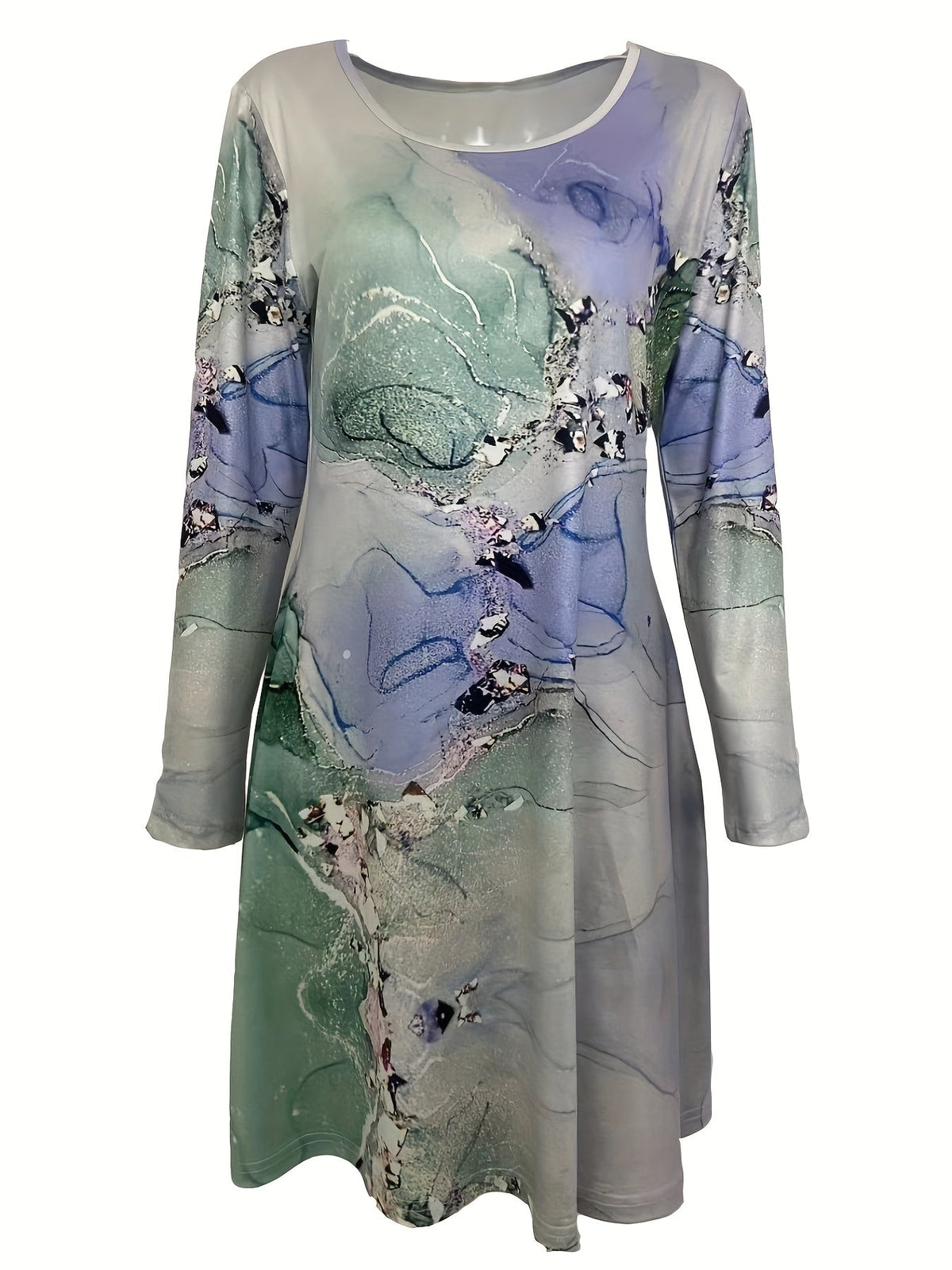 Graphic Print Long Sleeve Dress, Casual Crew Neck Midi Dress