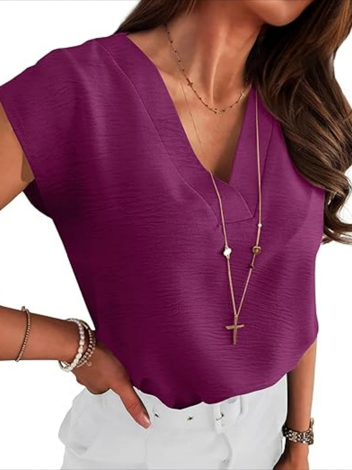 Plain V-Neck Batwing Short Sleeve Casual Loose Blouse