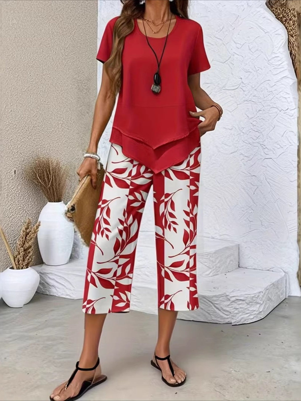 Solid Round Neck Short Sleeve Top With Floral Printing Pants Casual Two-Piece Set