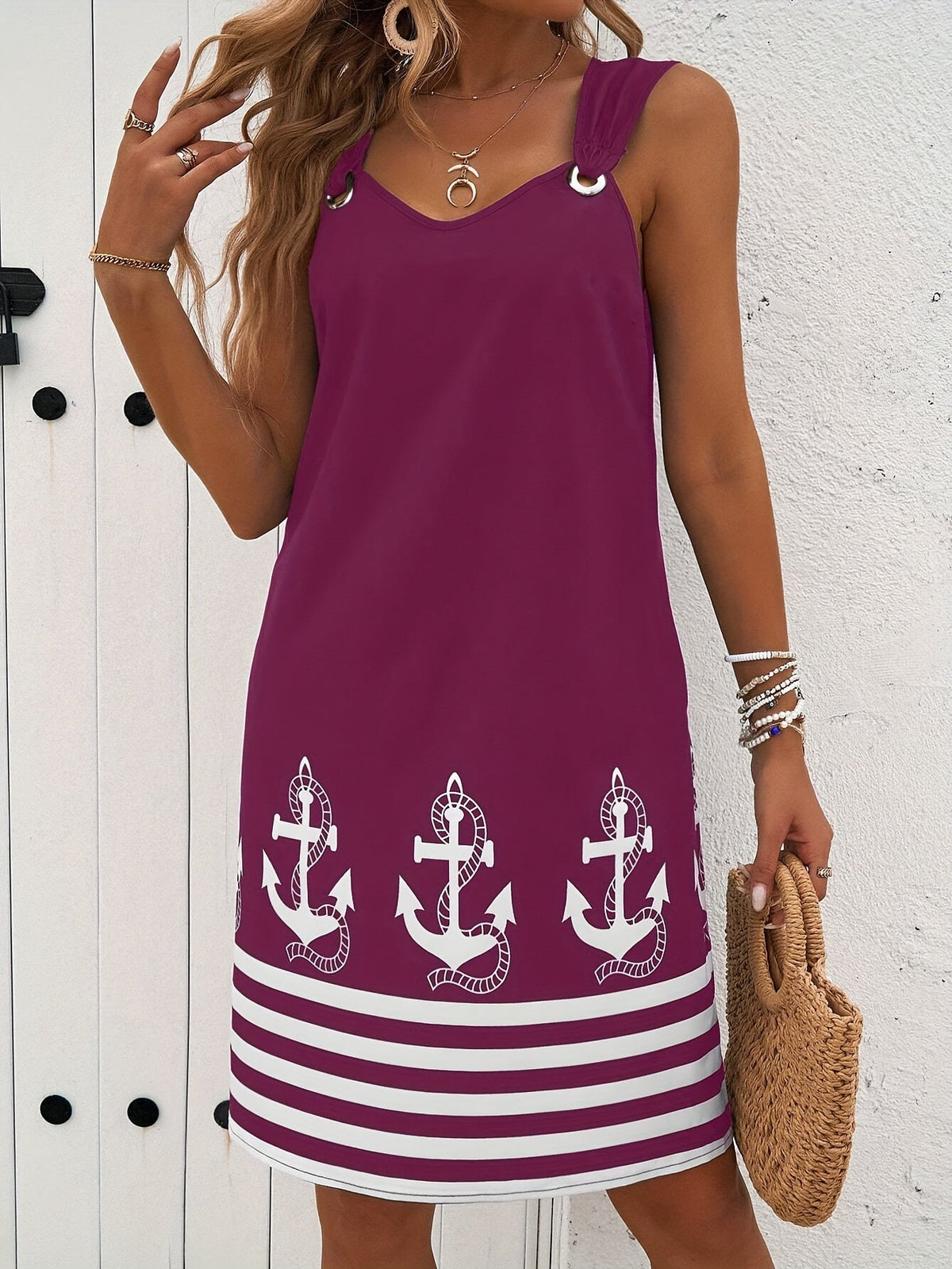 Floral & Striped Print Sleeveless V-Neck Dress