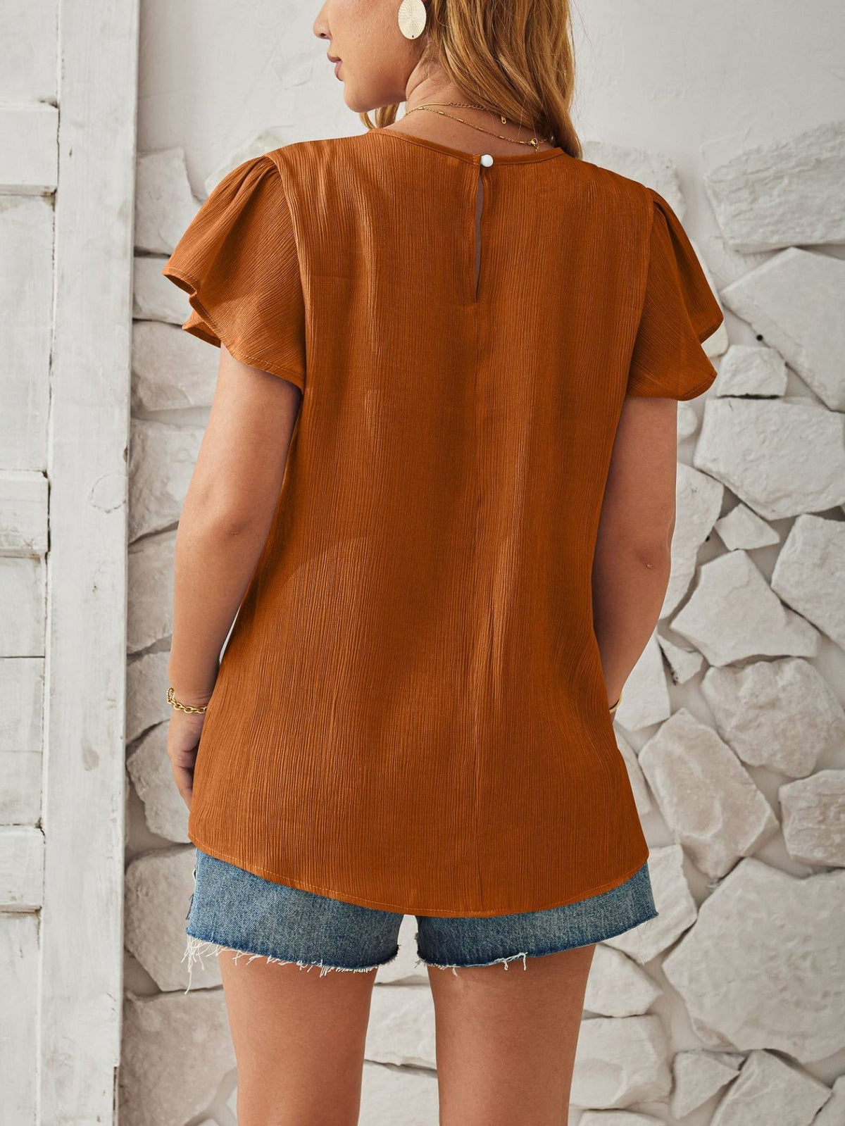 Solid Crew Neck Ruffle Trim Blouse, Casual Textured Simple Blouse