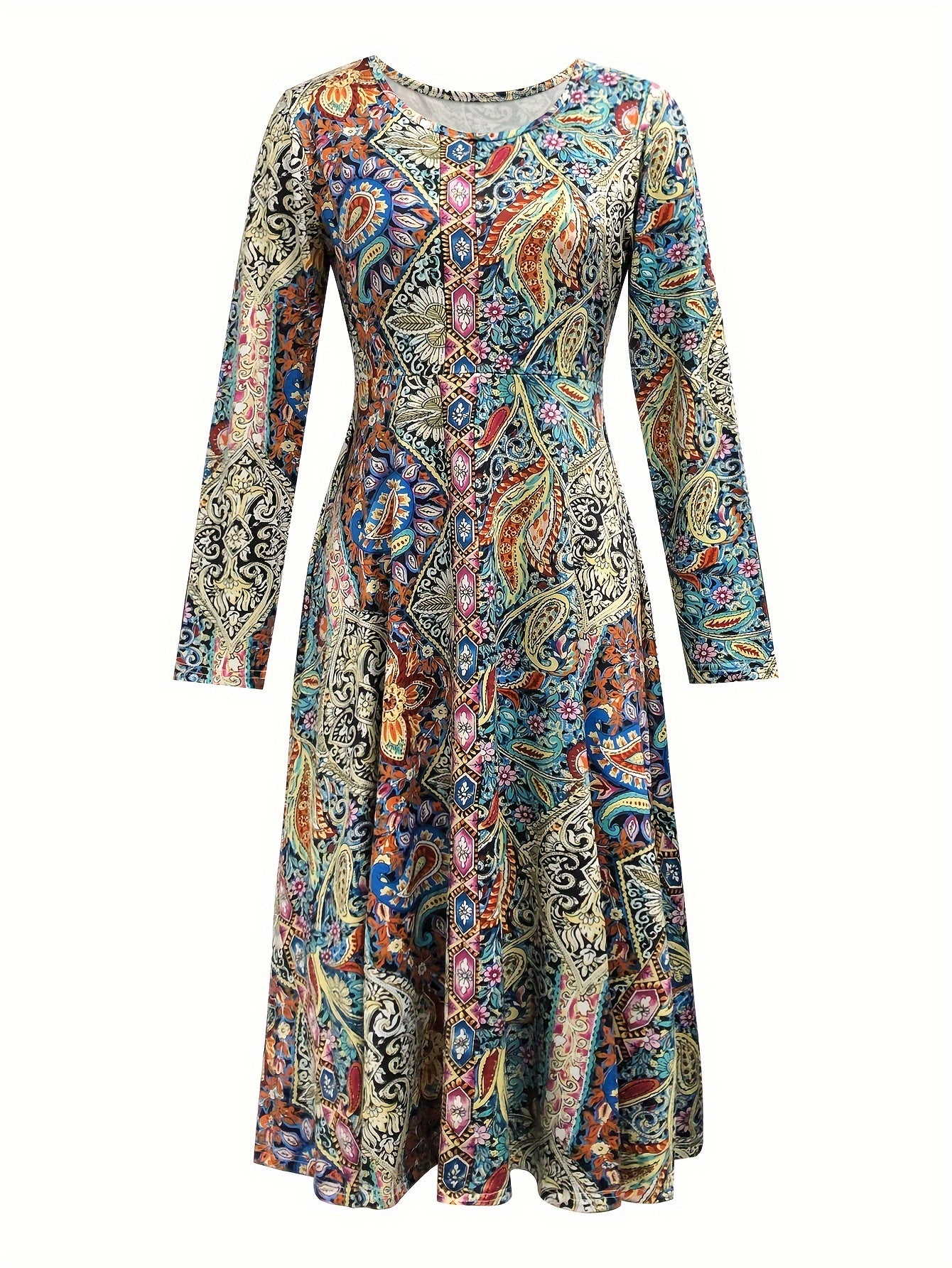 Vintage Round Neck Knit Dress with Waist Tie, Polyester & Elastane