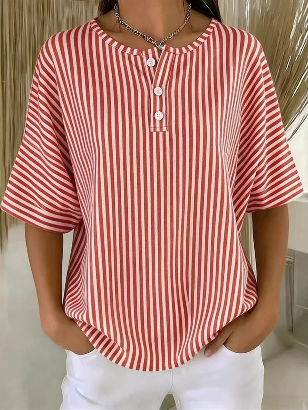 Botton Short Sleeve Loose Striped Vintage Shirt