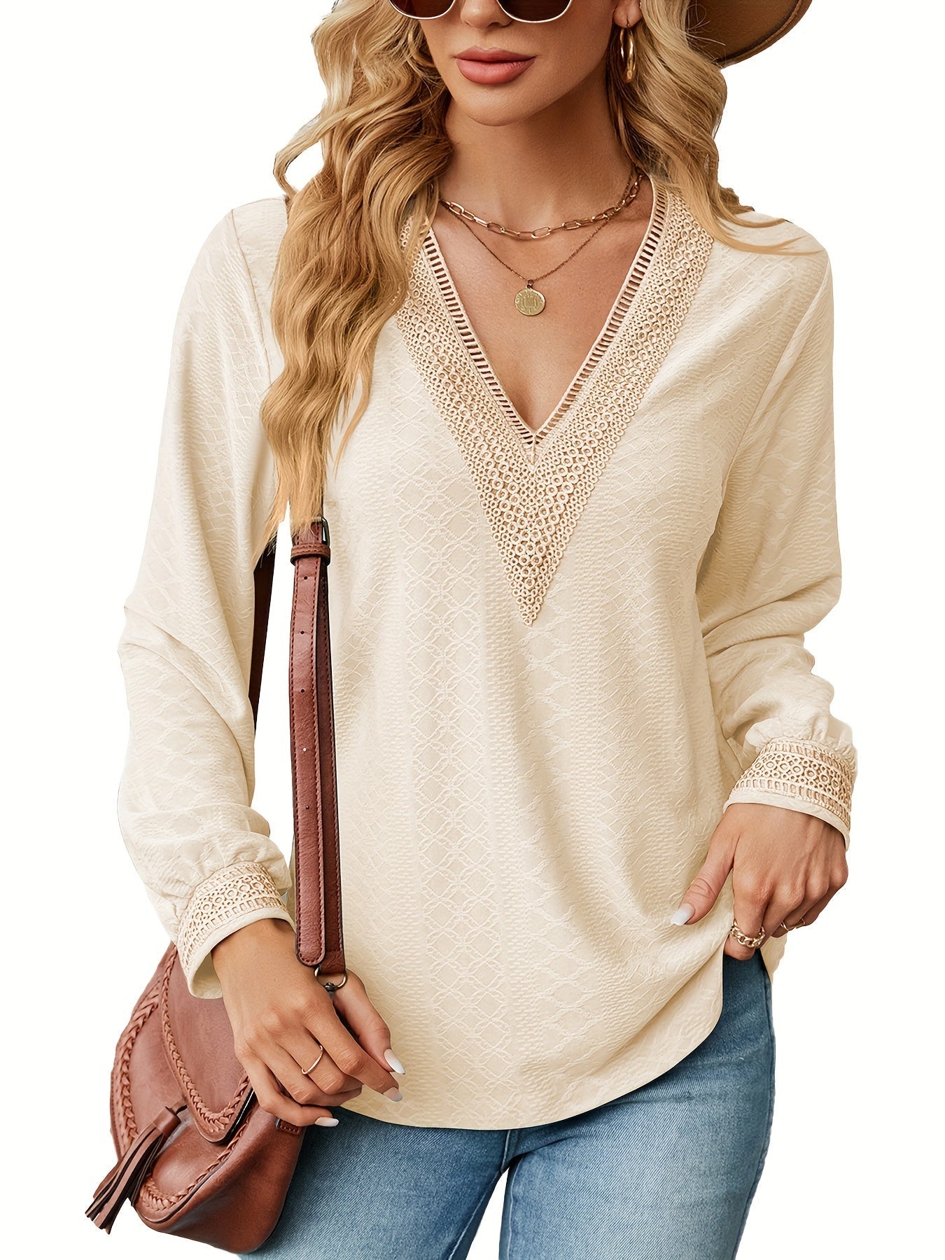 Casual Blouses Lace V Neck T Shirts Dressy Fall Long Sleeve Business Tunic Tops