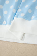 Sky Blue Polka Dot Print Color Block Trim Mock Neck Short Set