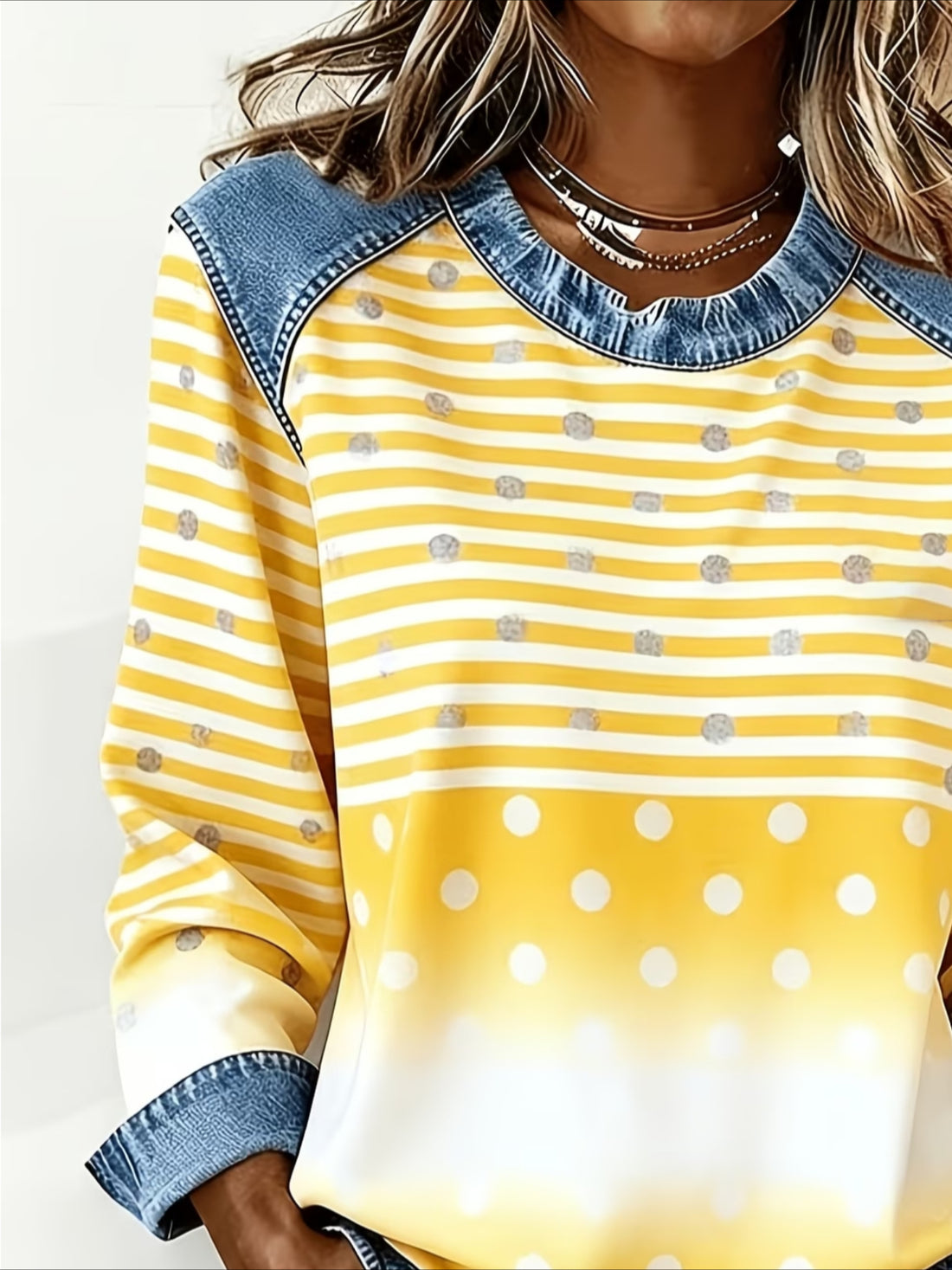 Printed Denim Splicing Long Sleeve Crew Neck Sweatshirts