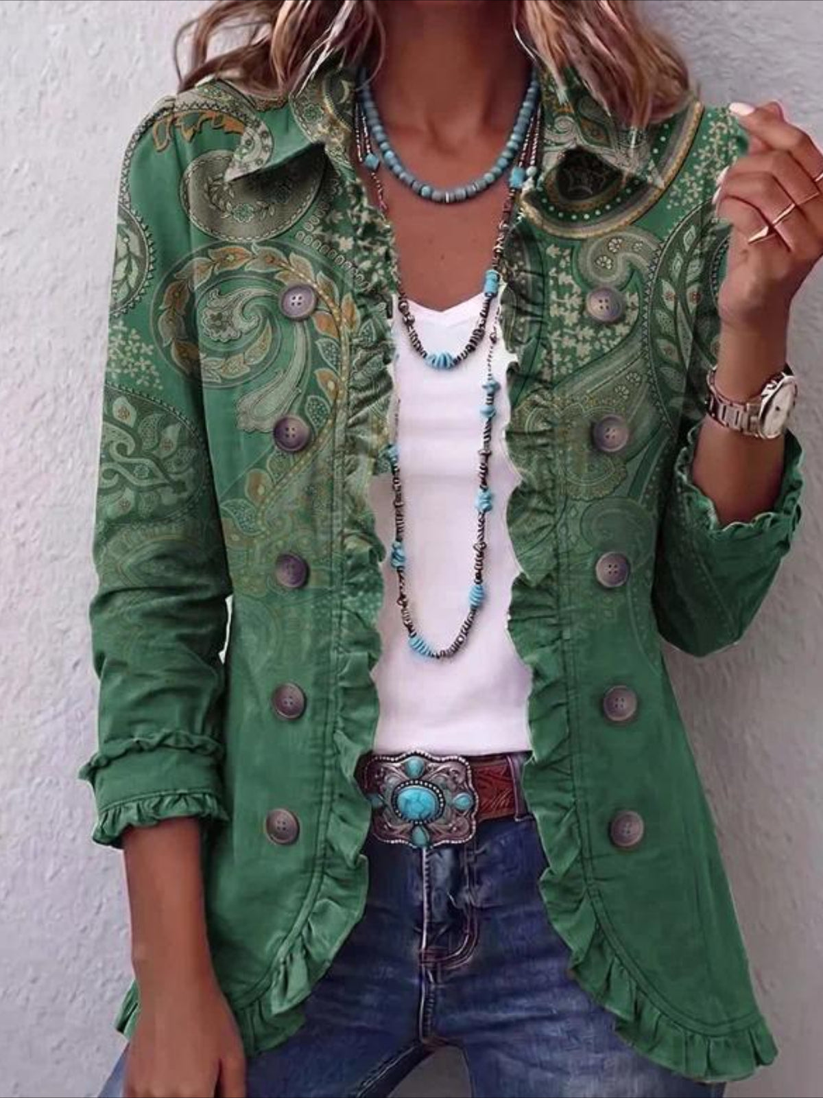 Western Style Pattern Print Long Sleeve Ruffle Edge Open Button Cardigan Coat