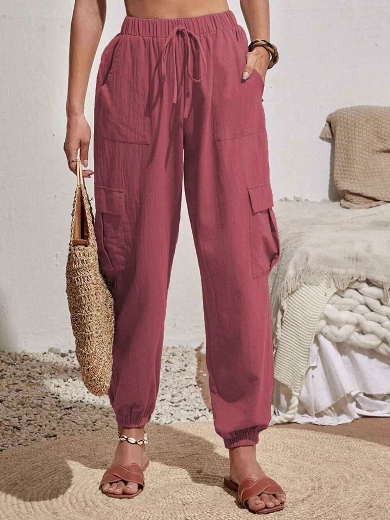 Solid Drawstring Pants, Casual Slant Pockets Cargo Pants
