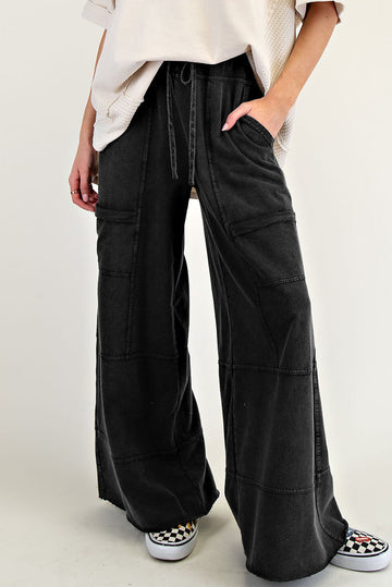 Black Mineral Wash Exposed Seam Drawstring High Waist Wide Leg Cargo Pants