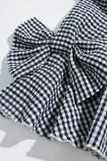 Black Plaid Bow Ruffled Half Sleeve Round Neck Blouse