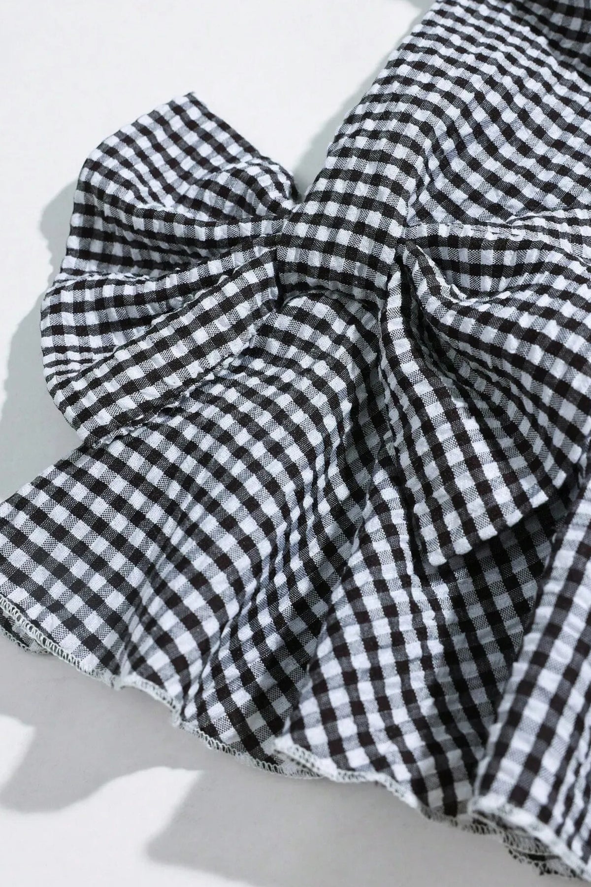 Black Plaid Bow Ruffled Half Sleeve Round Neck Blouse