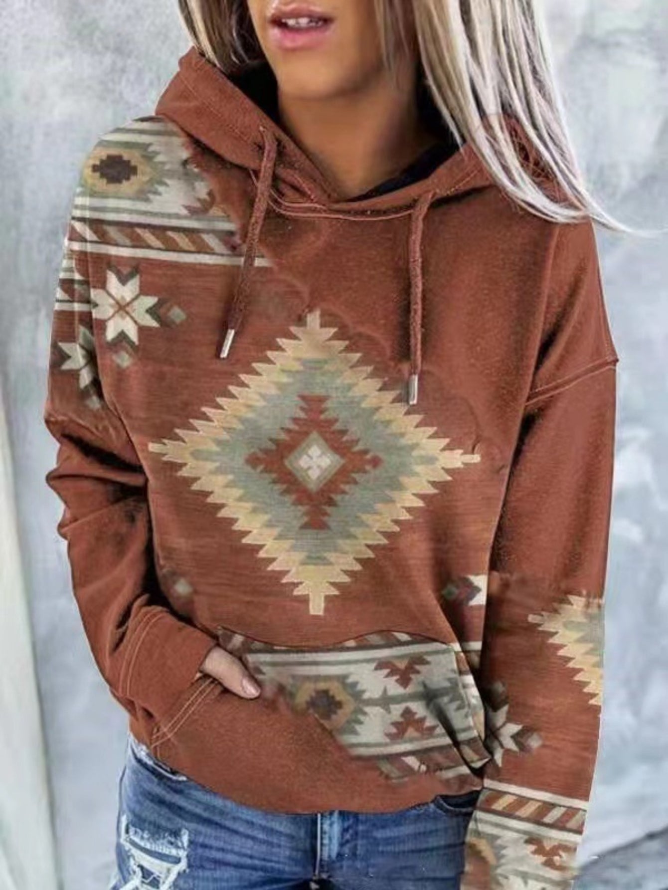Aztec Geo Print Kangaroo Pocket Hoodie, Casual Long Sleeve Drawstring Hoodies Sweatshirt