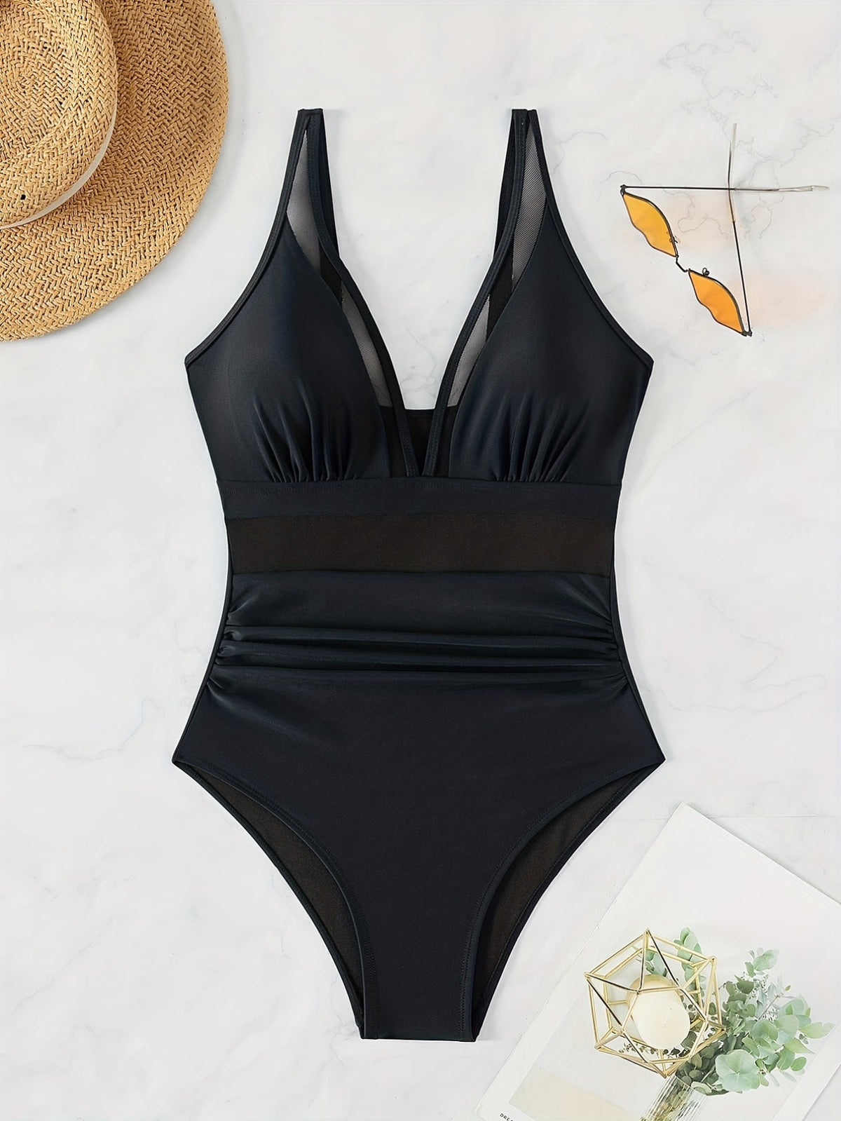 Solid Mesh Contrast One-piece Swimsuit, V Neck Stretchy Ruched Bathing Suits