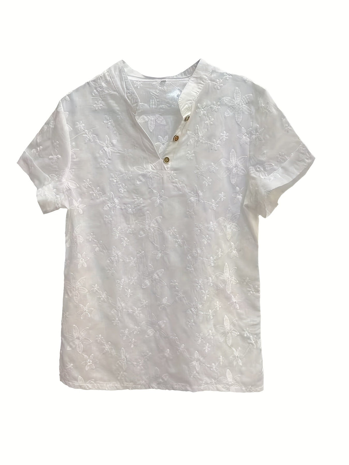 V-Neckline Comfortable Short Sleeves Classic Button Front Closure Relaxed Fit Embroidered Blouse