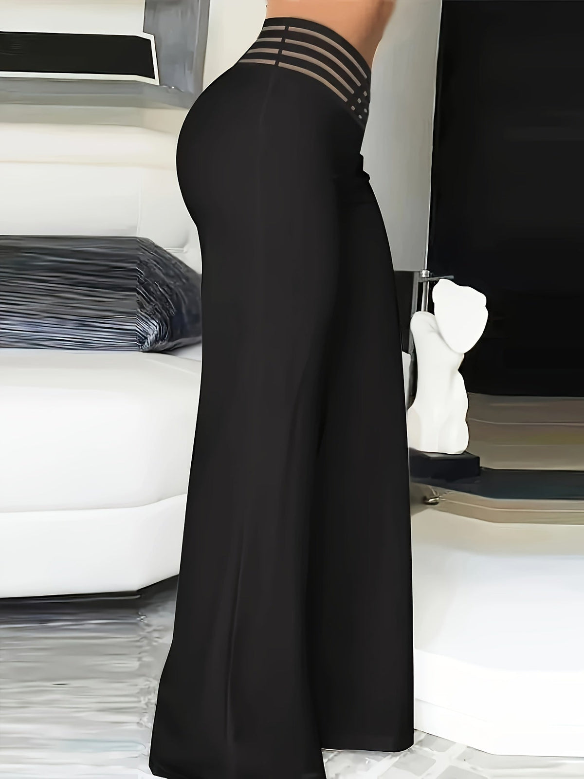 Elegant High-Waist Cross Detail Transparent Mesh Patchwork Pants