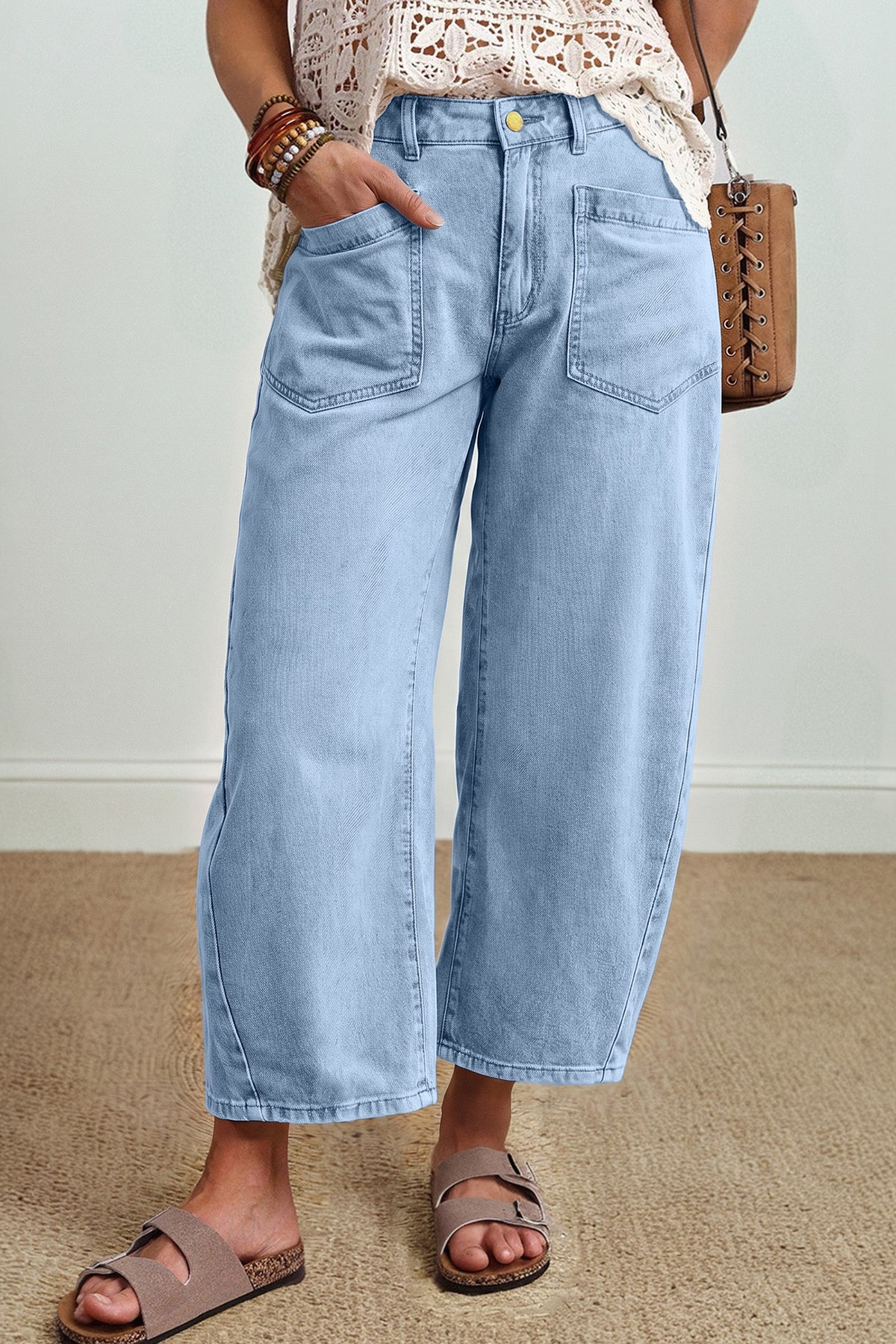 Beau Blue Solid Color Square Patch Pocket Ankle-length Barrel Jeans