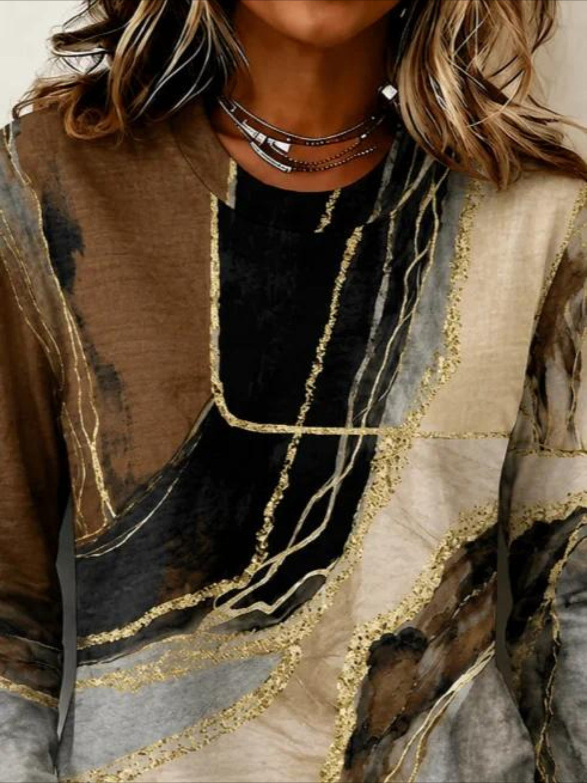 Crew Neck Long Sleeve Tunic Graphic Plaid T-shirt