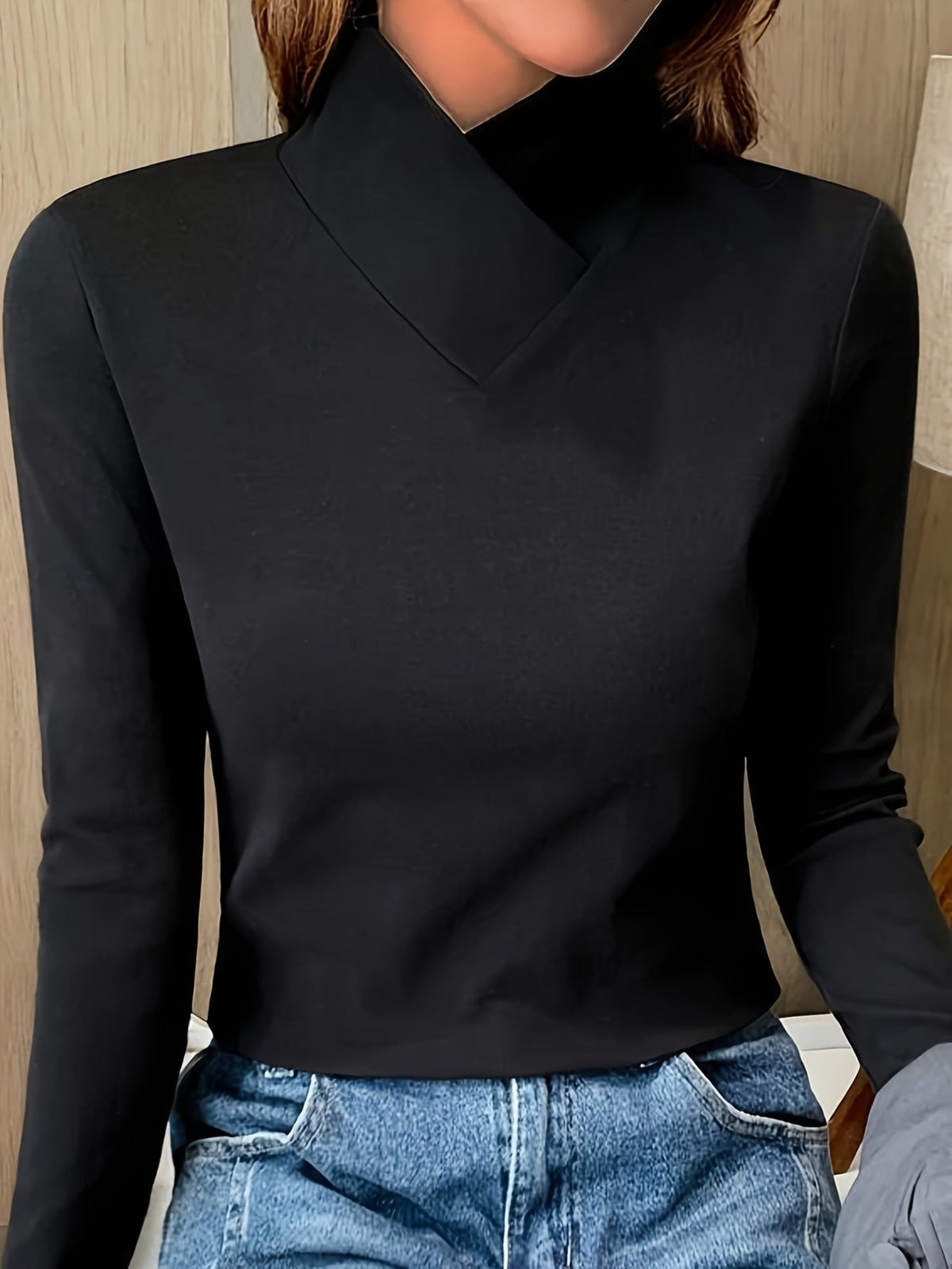 Solid Mock Neck T-Shirt, Casual Long Sleeve Top