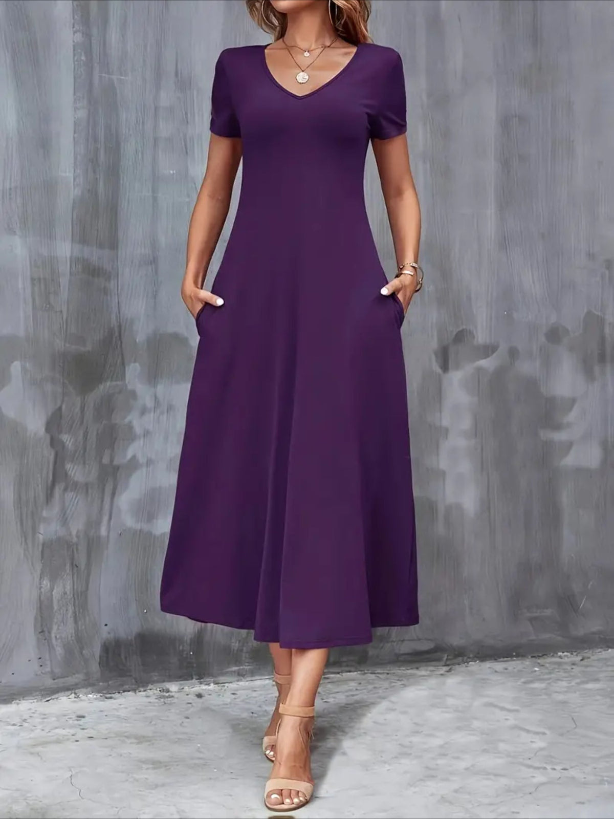 V-Neck A-Line Dress with Pockets - Elegant, Comfortable, Casual Polyester Blend