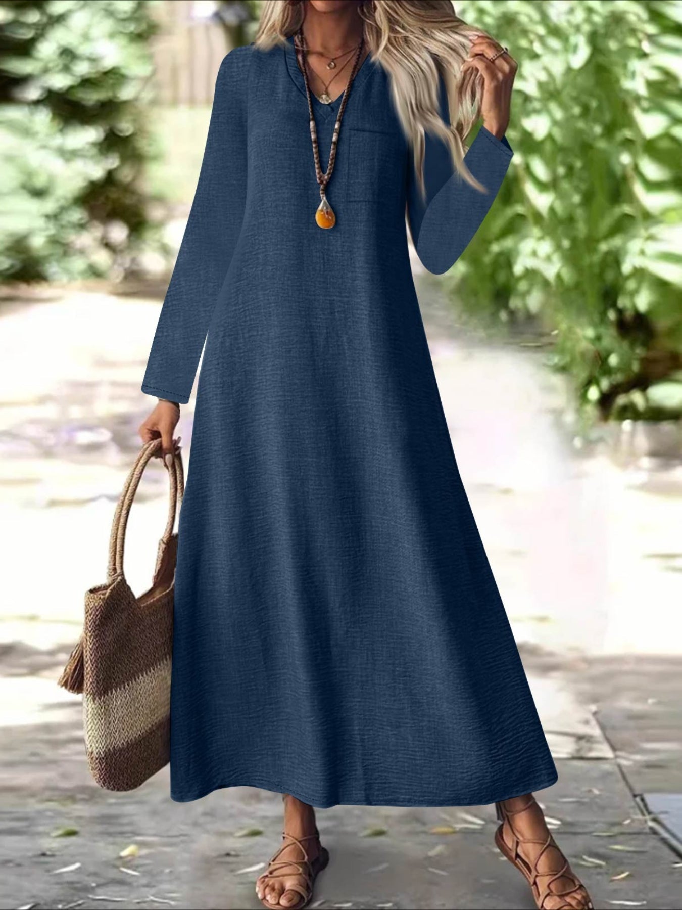 Back Zipper Solid Color Long Sleeve Cotton and Linen Dress