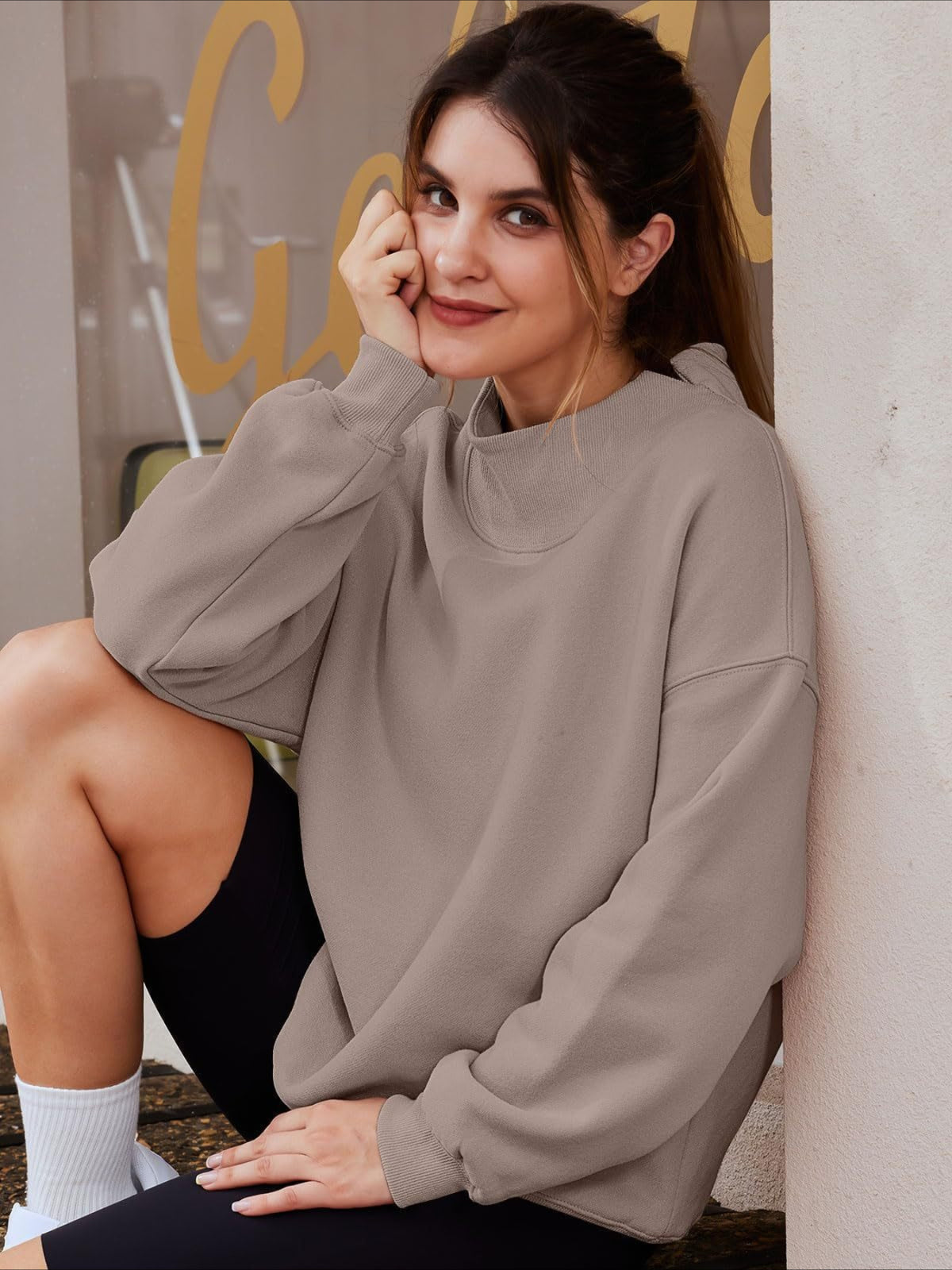 Oversized Mock Neck Drop Shoulder Sweatshirt