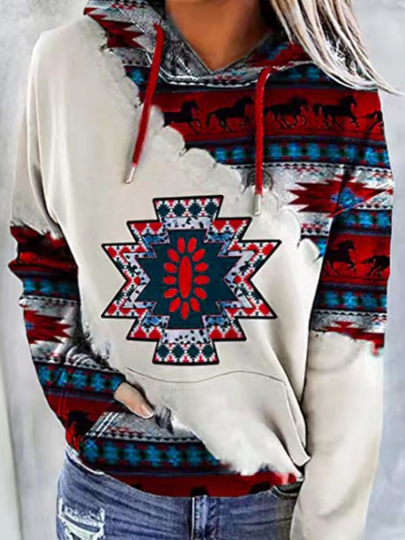 Aztec Geo Print Kangaroo Pocket Hoodie, Casual Long Sleeve Drawstring Hoodies Sweatshirt