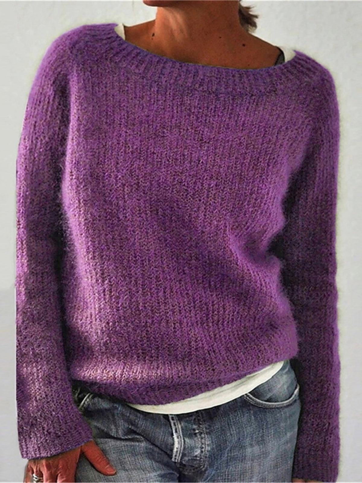 Solid Color Pullover Casual Long Sleeve Cozy Crew Neck Knit Sweater