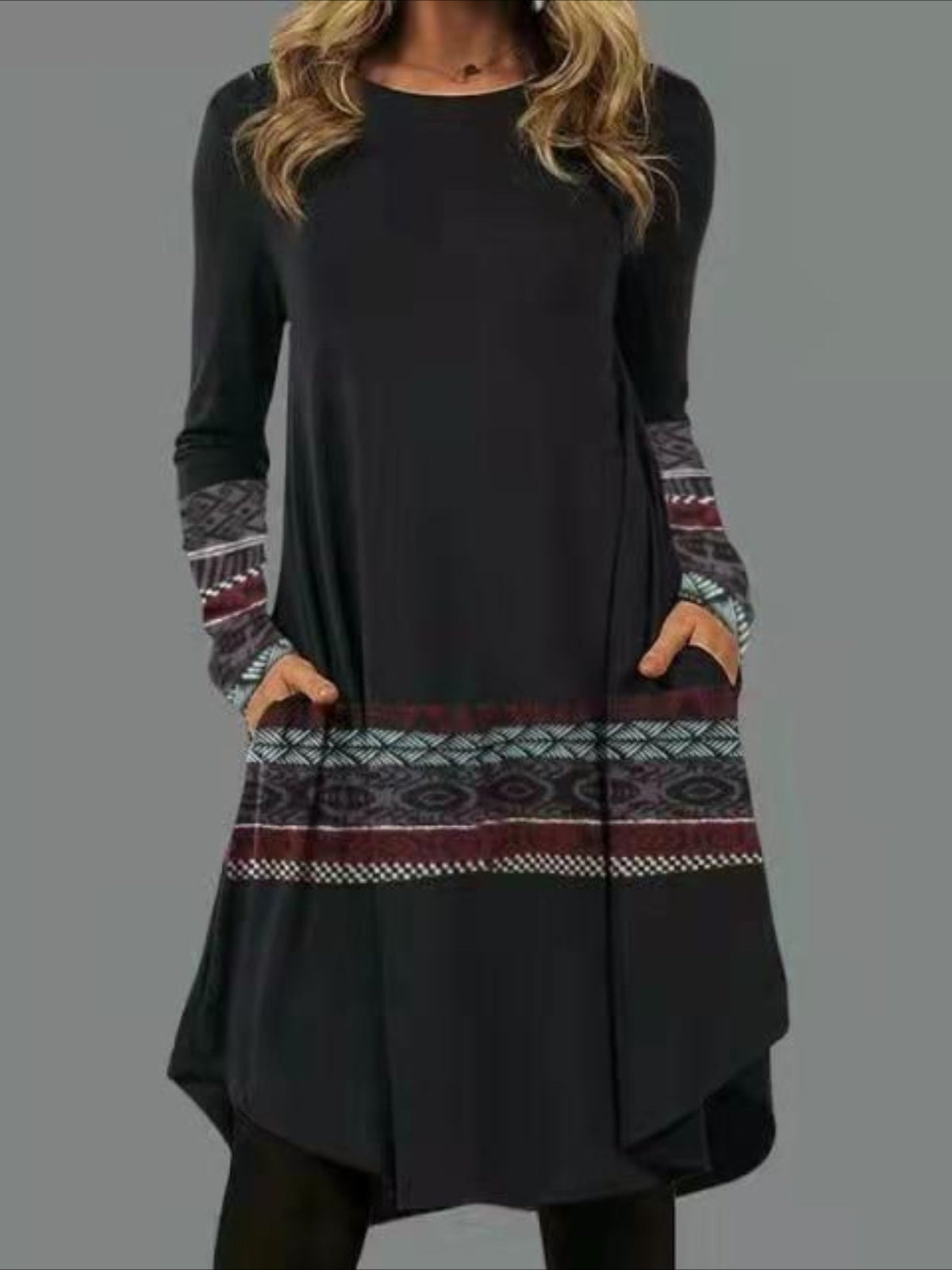 Graphic Print Dress with Long Sleeves and Pockets - Casual and Comfortable