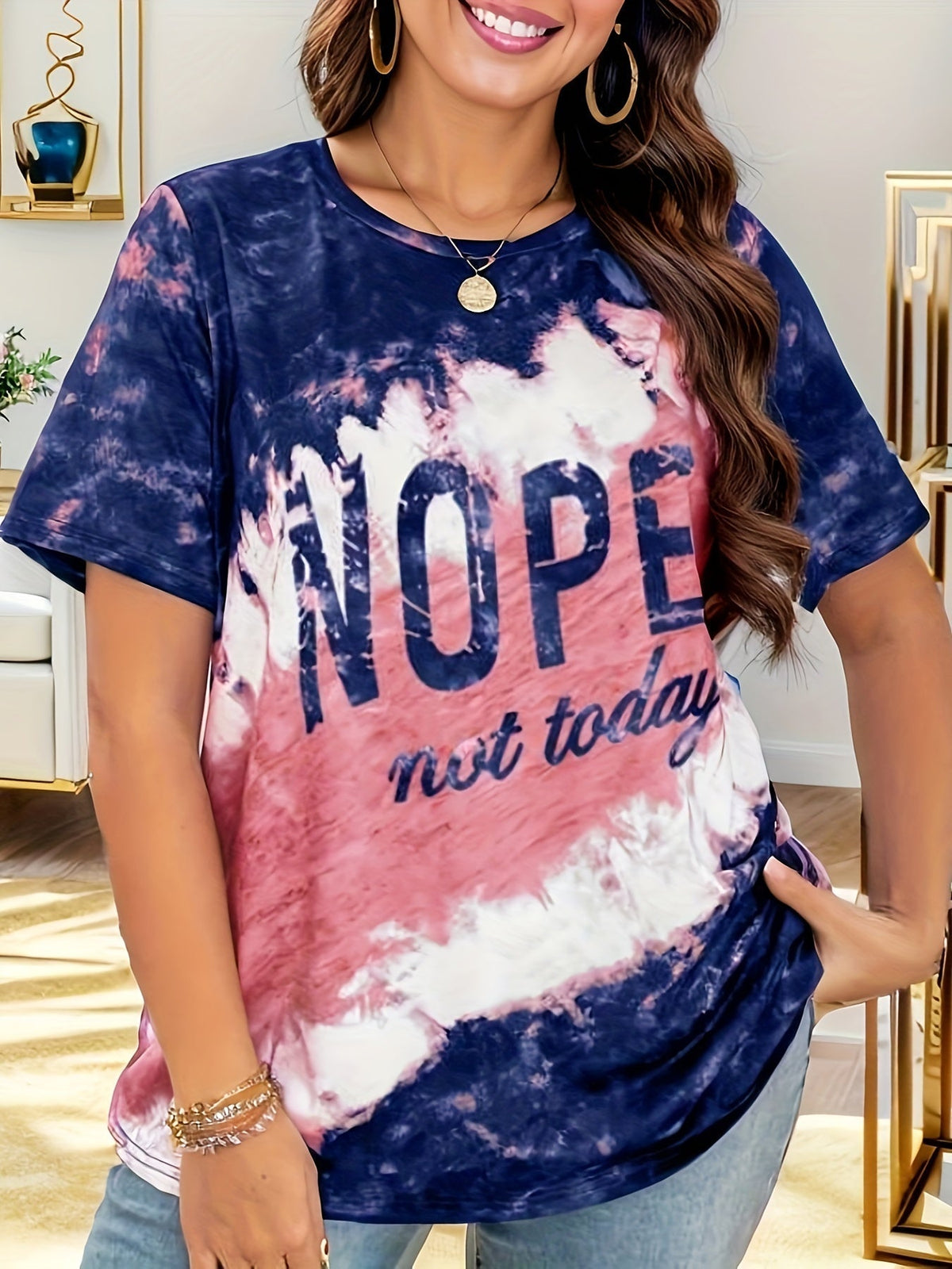 Plus Size Letter Print Top, Colorblock Crew Neck Short Sleeve Top