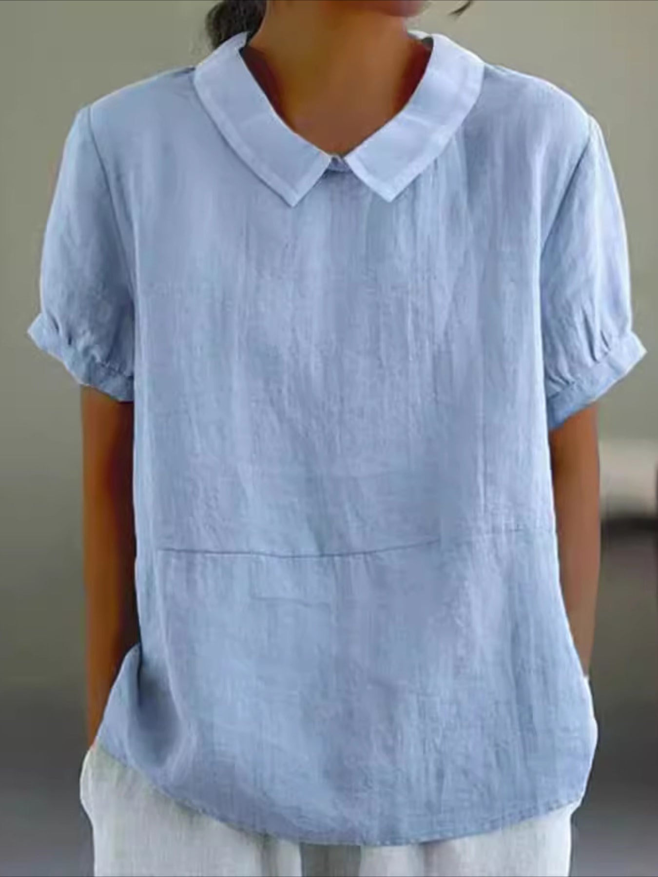 Solid Color Loose Lapel Short Sleeve Cotton Top